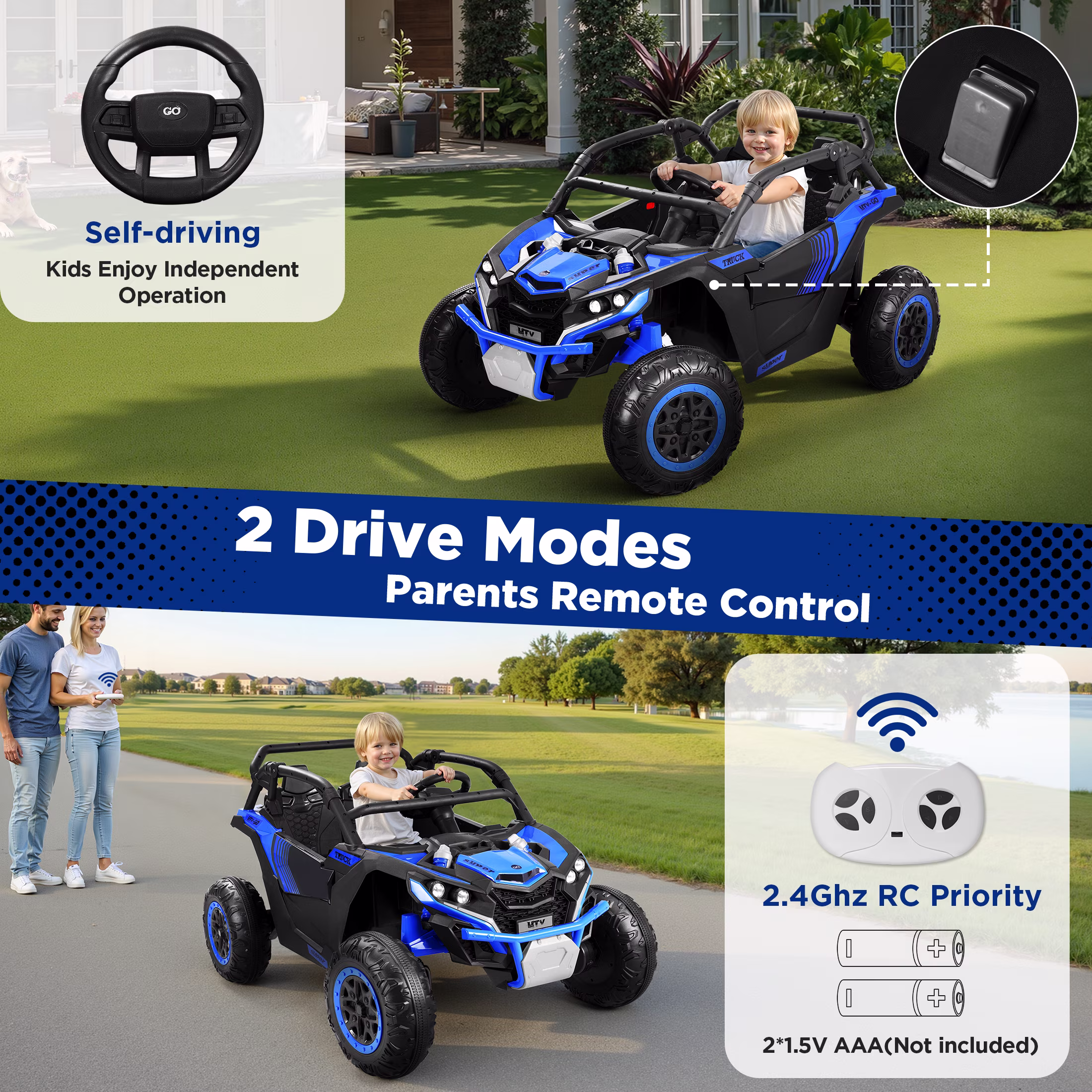 Wisairt 24V Ride on Toys 4WD Ride on Cars with Remote Control, 2 Seater Electric Car for Kids, Power Car Wheels, UTV w/ 4 Motors, Music, Lights, 3 Speeds, Blue - Image 3
