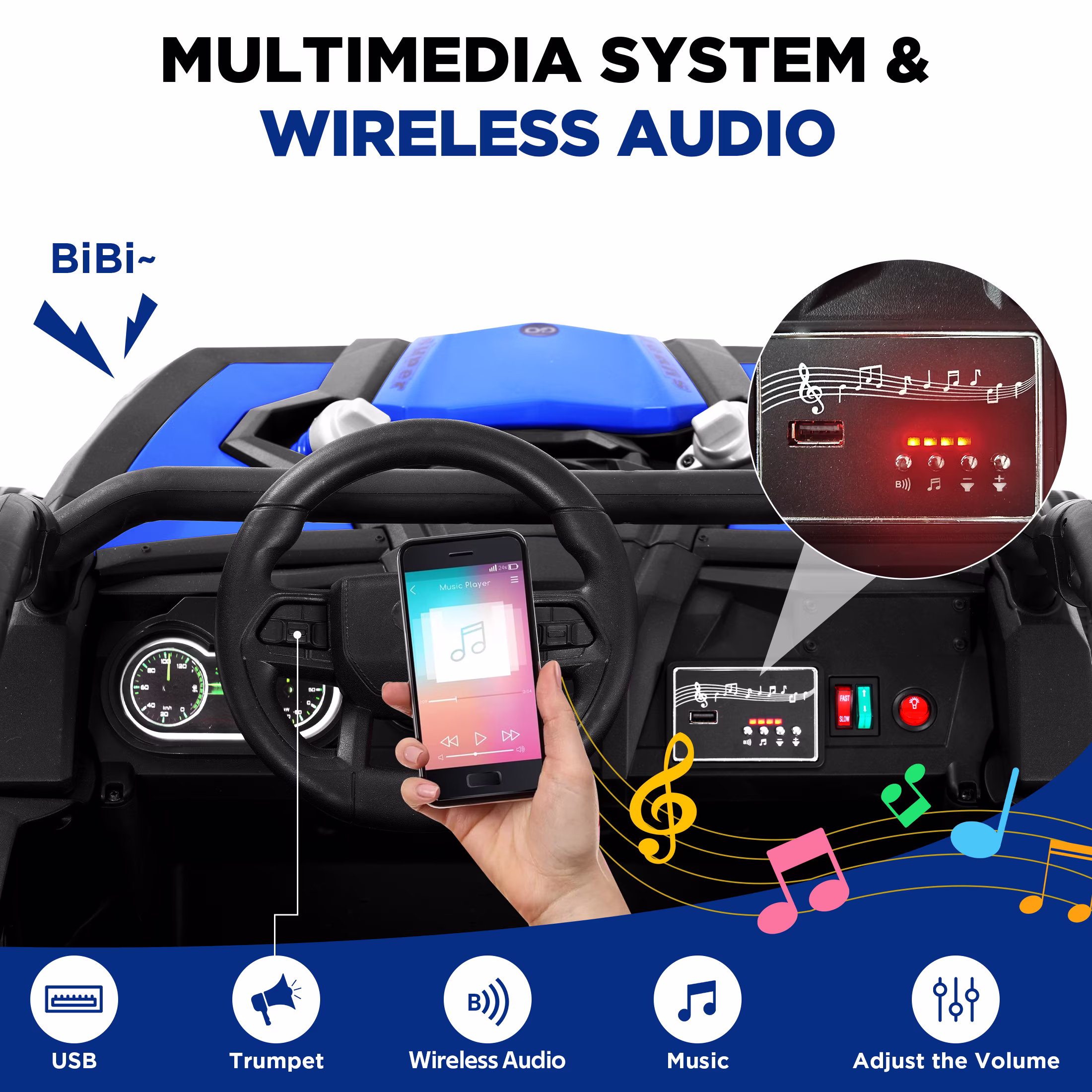 Wisairt 24V Ride on Toys 4WD Ride on Cars with Remote Control, 2 Seater Electric Car for Kids, Power Car Wheels, UTV w/ 4 Motors, Music, Lights, 3 Speeds, Blue - Image 2