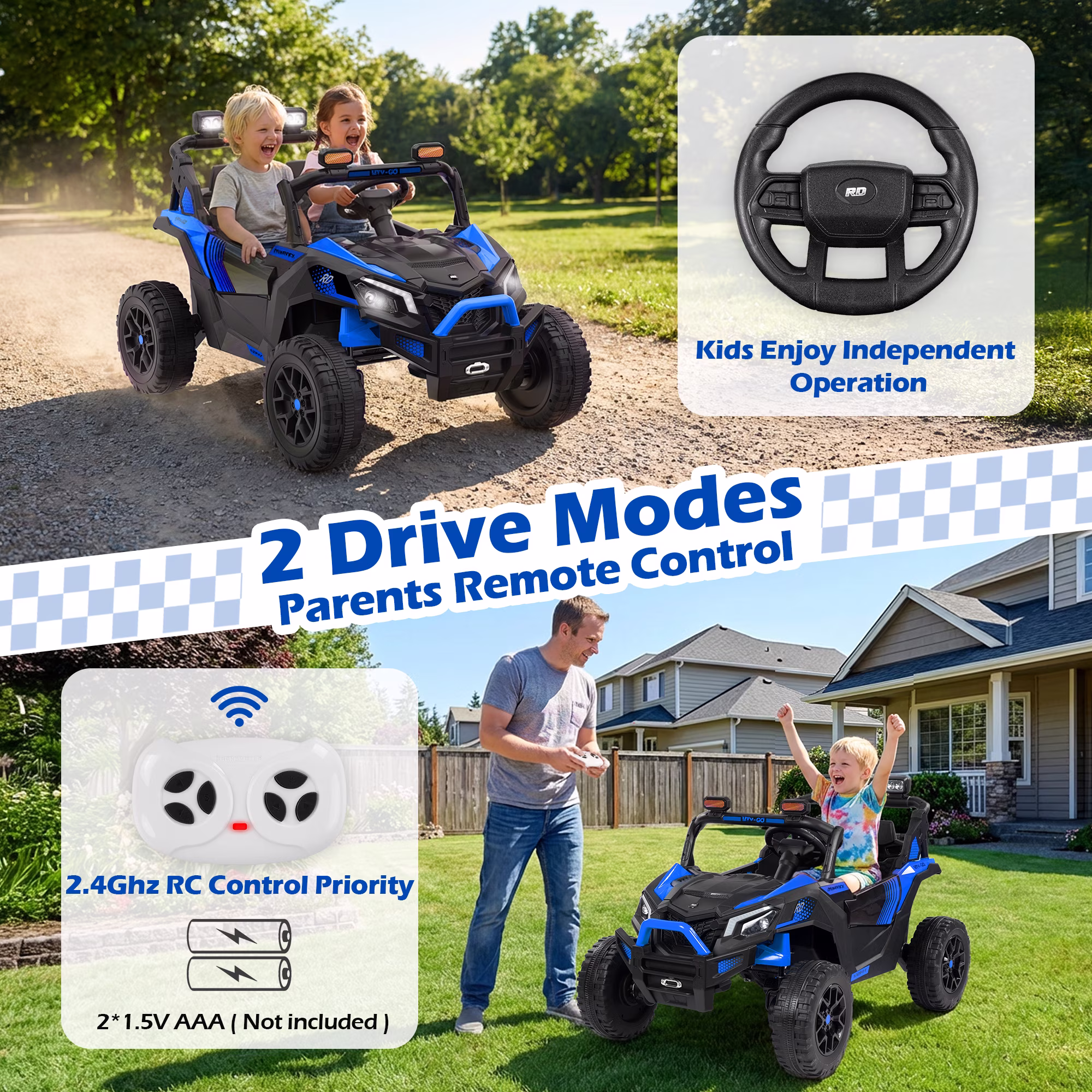 Wisairt 4WD 24 V Ride on Toys UTV with 2 XL Seaters, 4*200W Motor Kid Electric Power Car Wheels with Remote Control, LED Lights, Spring Suspension, 3 Speeds, Music, Blue - Image 3