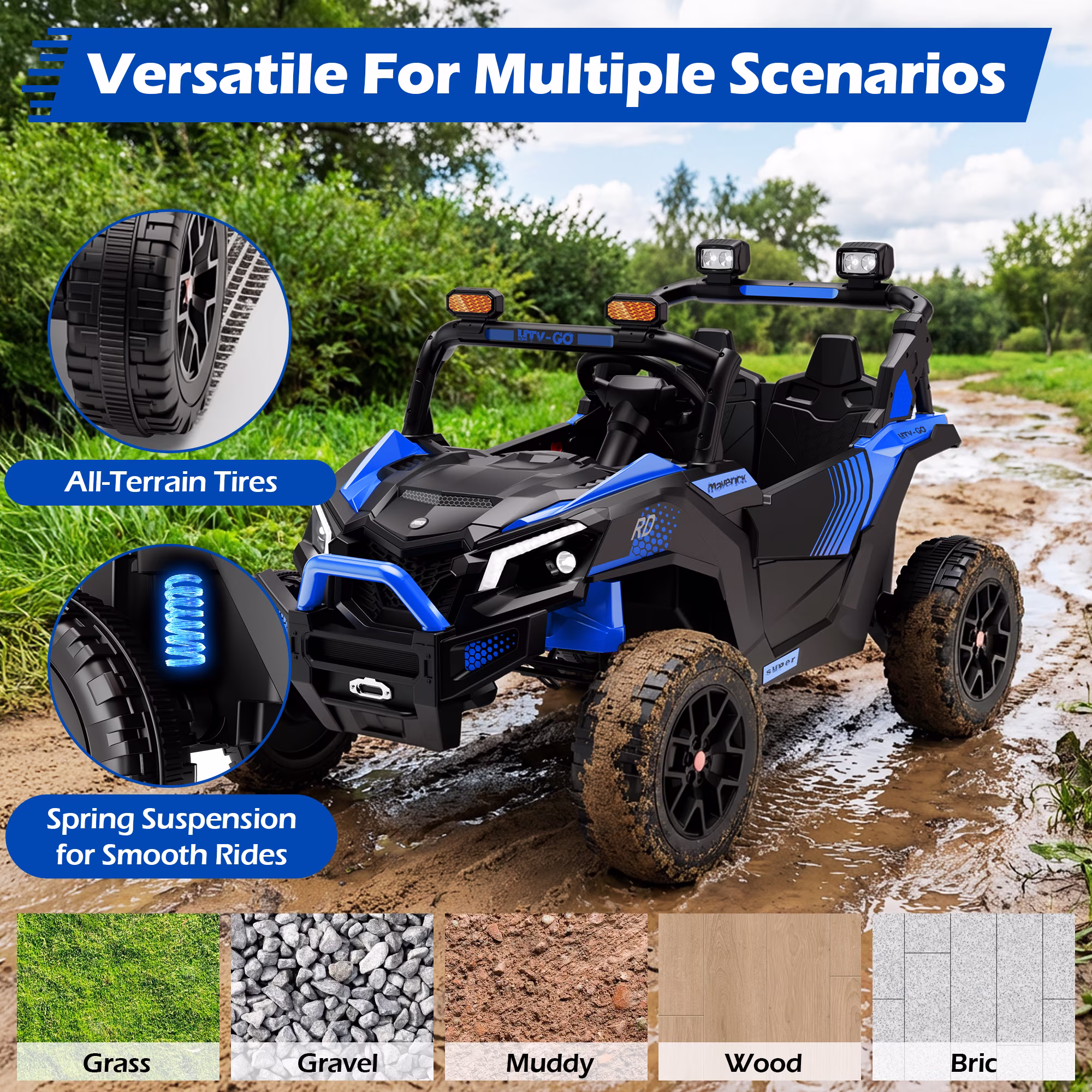 Wisairt 4WD 24 V Ride on Toys UTV with 2 XL Seaters, 4*200W Motor Kid Electric Power Car Wheels with Remote Control, LED Lights, Spring Suspension, 3 Speeds, Music, Blue - Image 5