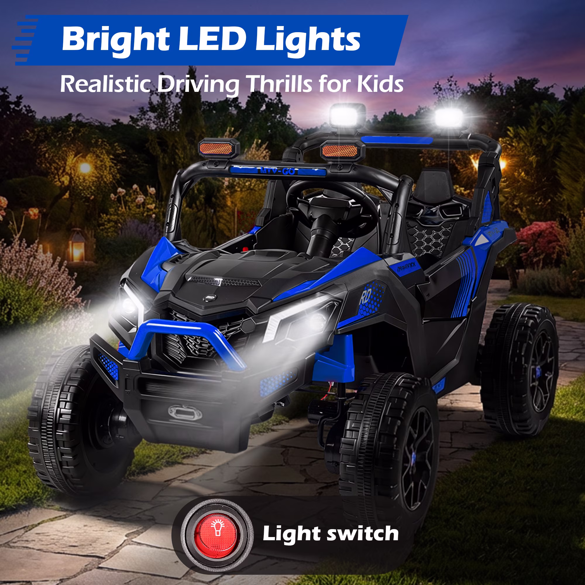 Wisairt 4WD 24 V Ride on Toys UTV with 2 XL Seaters, 4*200W Motor Kid Electric Power Car Wheels with Remote Control, LED Lights, Spring Suspension, 3 Speeds, Music, Blue - Image 2