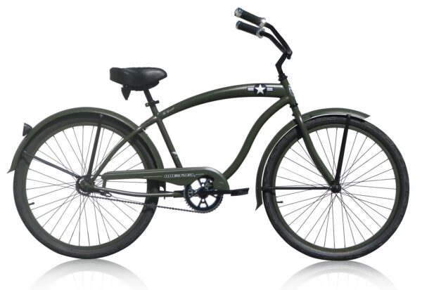 Wonder Wheels 26" Beach Cruiser Coaster Brake Single Speed Bicycle, Bike, Black Spokes One Piece Crank Alloy Matte Army Green Rims 36H W/ Fenders - Matte Army Green