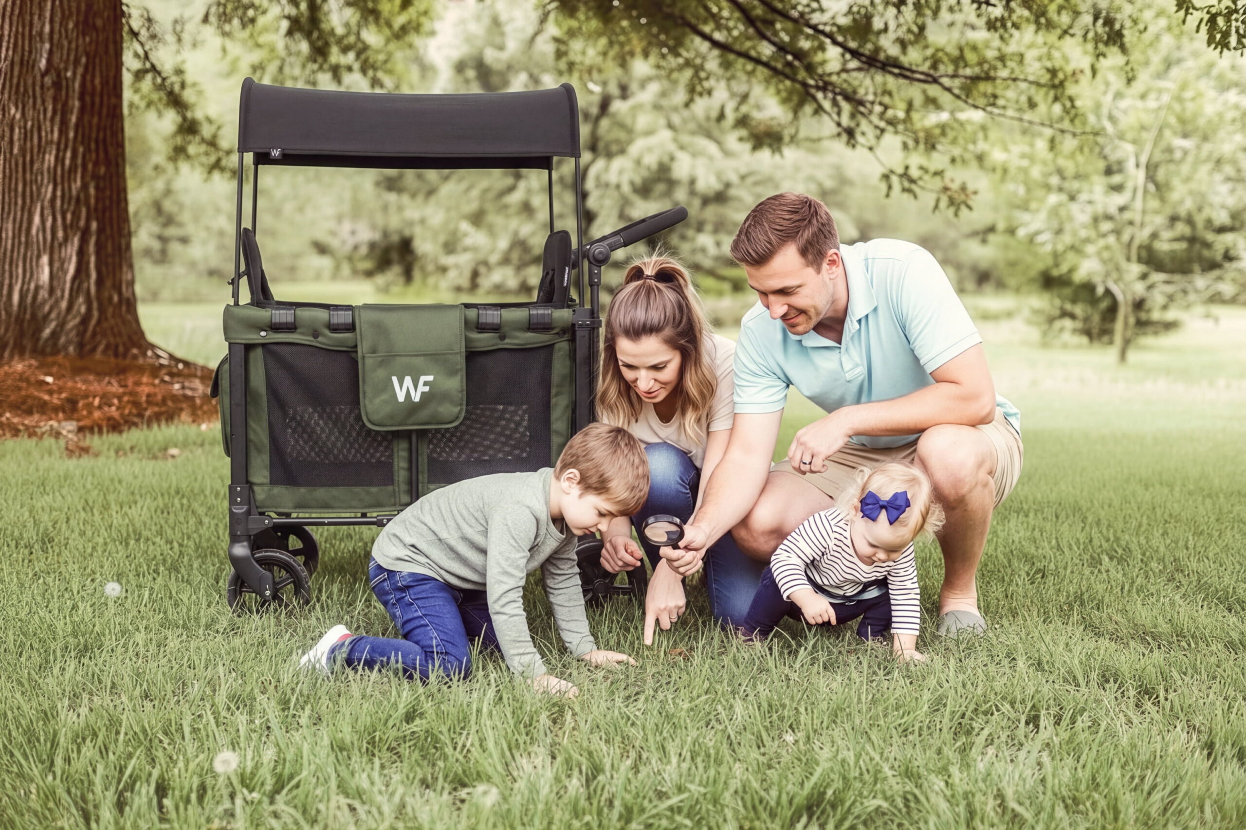 WONDERFOLD W2 Original+ Stroller Wagon (2 Seater) - Wagon Stroller with Seats with 5-Point Harnesses, Easy-Access Door, and Adjustable Sun Canopy, Safety-Certified - Olive Green - Image 5