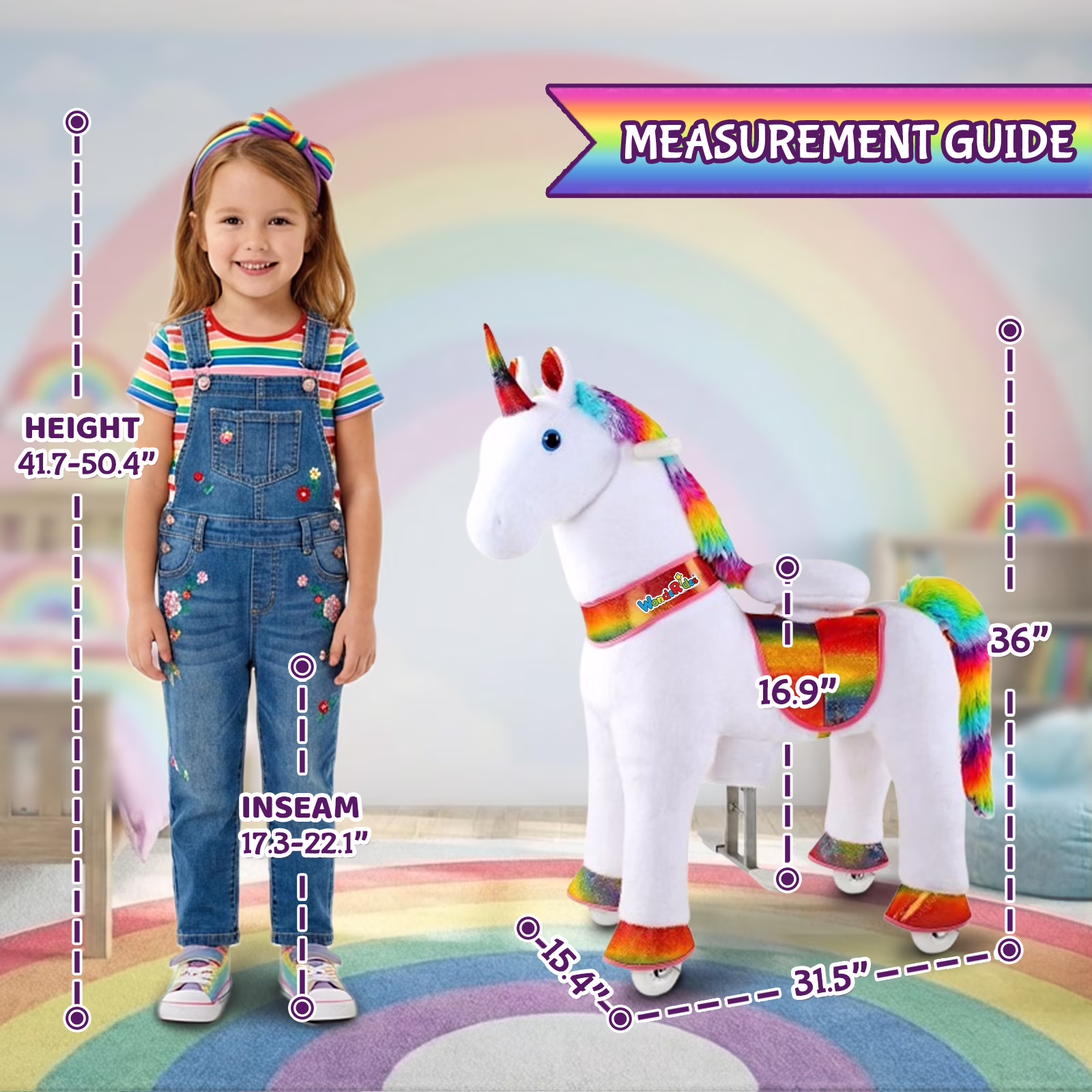 WondeRides Ride on Unicorn Toy for Girls, Rainbow Plush Walking Ride-On with Wheels, Battery-Free, Size 4 for Ages 4 - Image 2