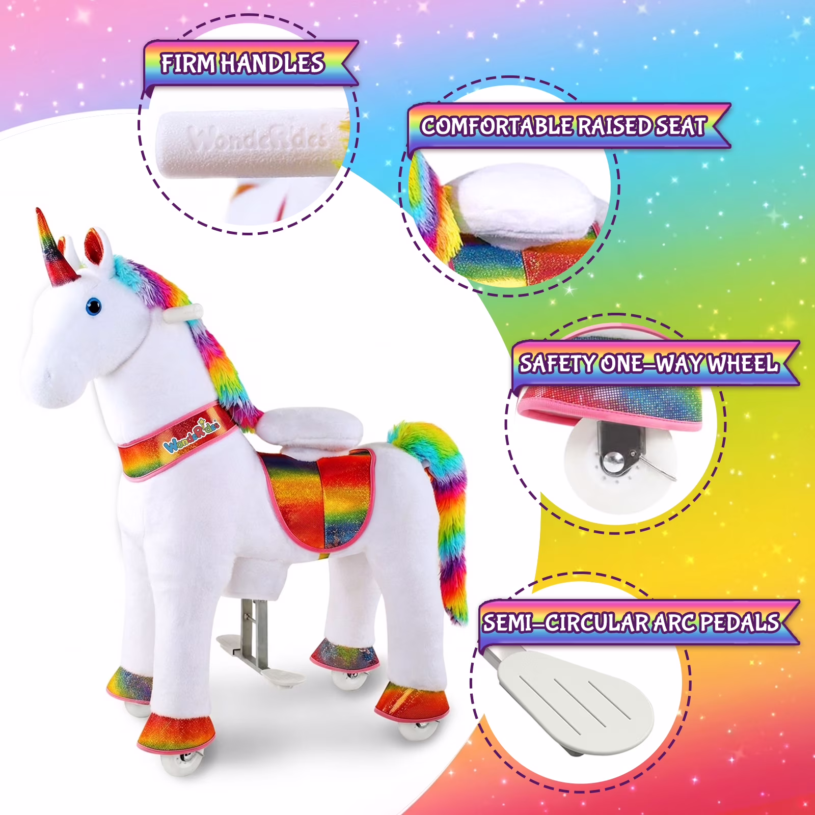 WondeRides Ride on Unicorn Toy for Girls, Rainbow Plush Walking Ride-On with Wheels, Battery-Free, Size 4 for Ages 4 - Image 3