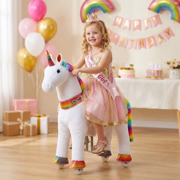 WondeRides Ride on Unicorn Toy for Girls, Rainbow Plush Walking Ride-On with Wheels, Battery-Free, Size 4 for Ages 4