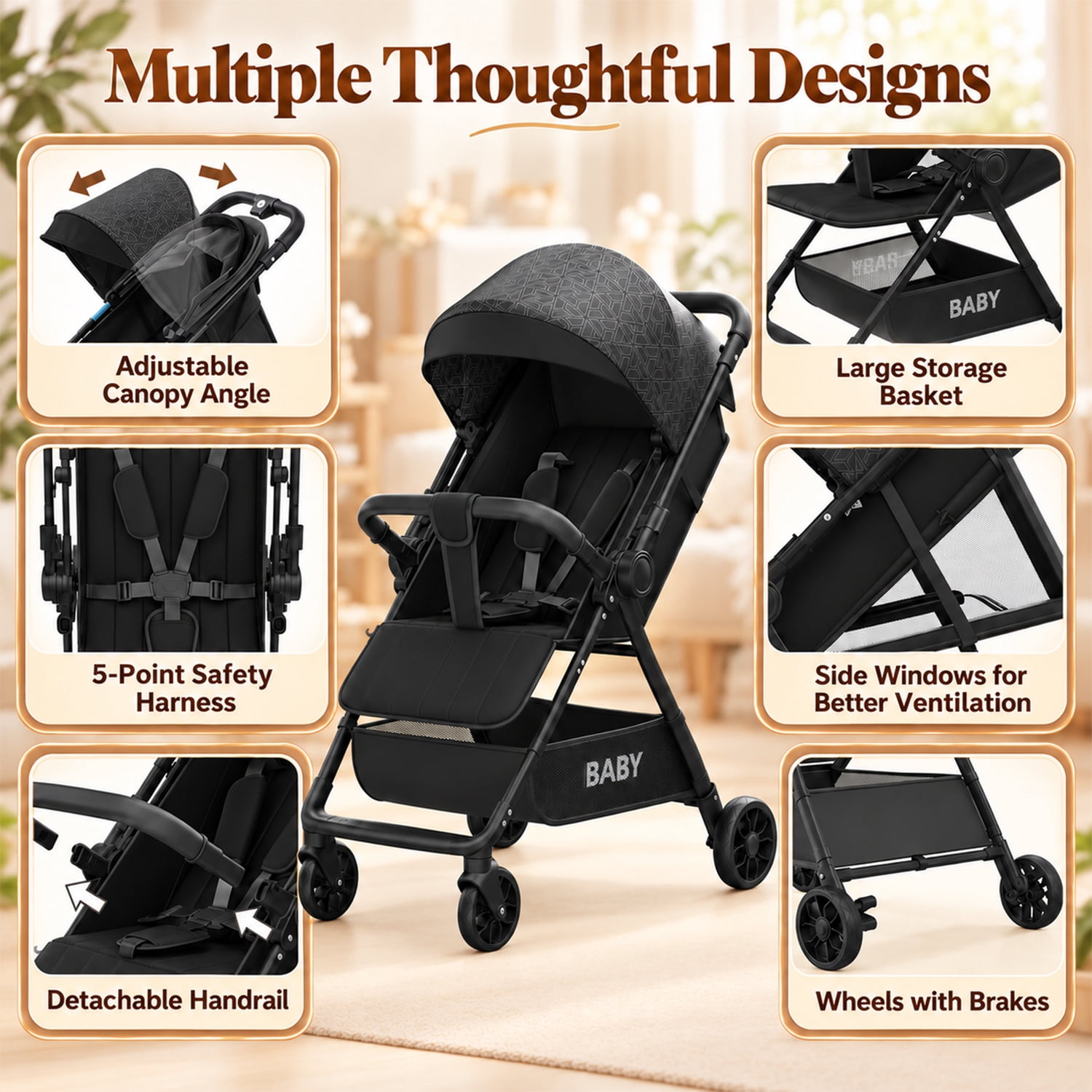 Wonderstone Quick Fold Baby Stroller, Compact and Lightweight Design for travel convenience, Black - Image 5