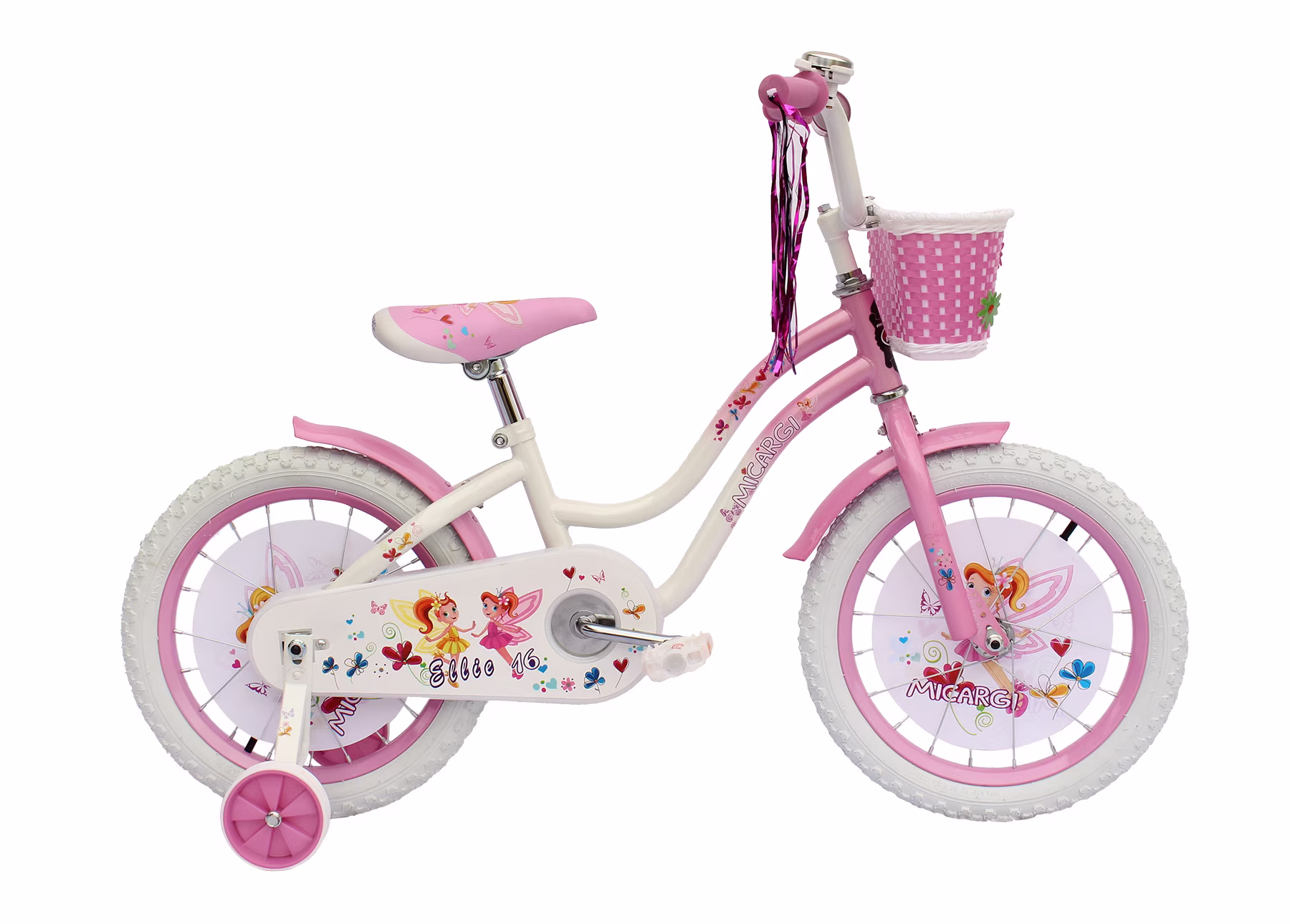 WonderWheels 16" Cruiser Steel Frame Bicycle Coaster Brake One Piece Crank, White Full Cover Chain Guard, Baby Blue Basket, Fenders & Rims, White Tire Kid's Bike - White/Pink - Image 4