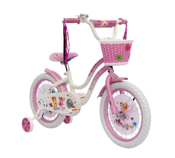 WonderWheels 16" Cruiser Steel Frame Bicycle Coaster Brake One Piece Crank, White Full Cover Chain Guard, Baby Blue Basket, Fenders & Rims, White Tire Kid's Bike - White/Pink