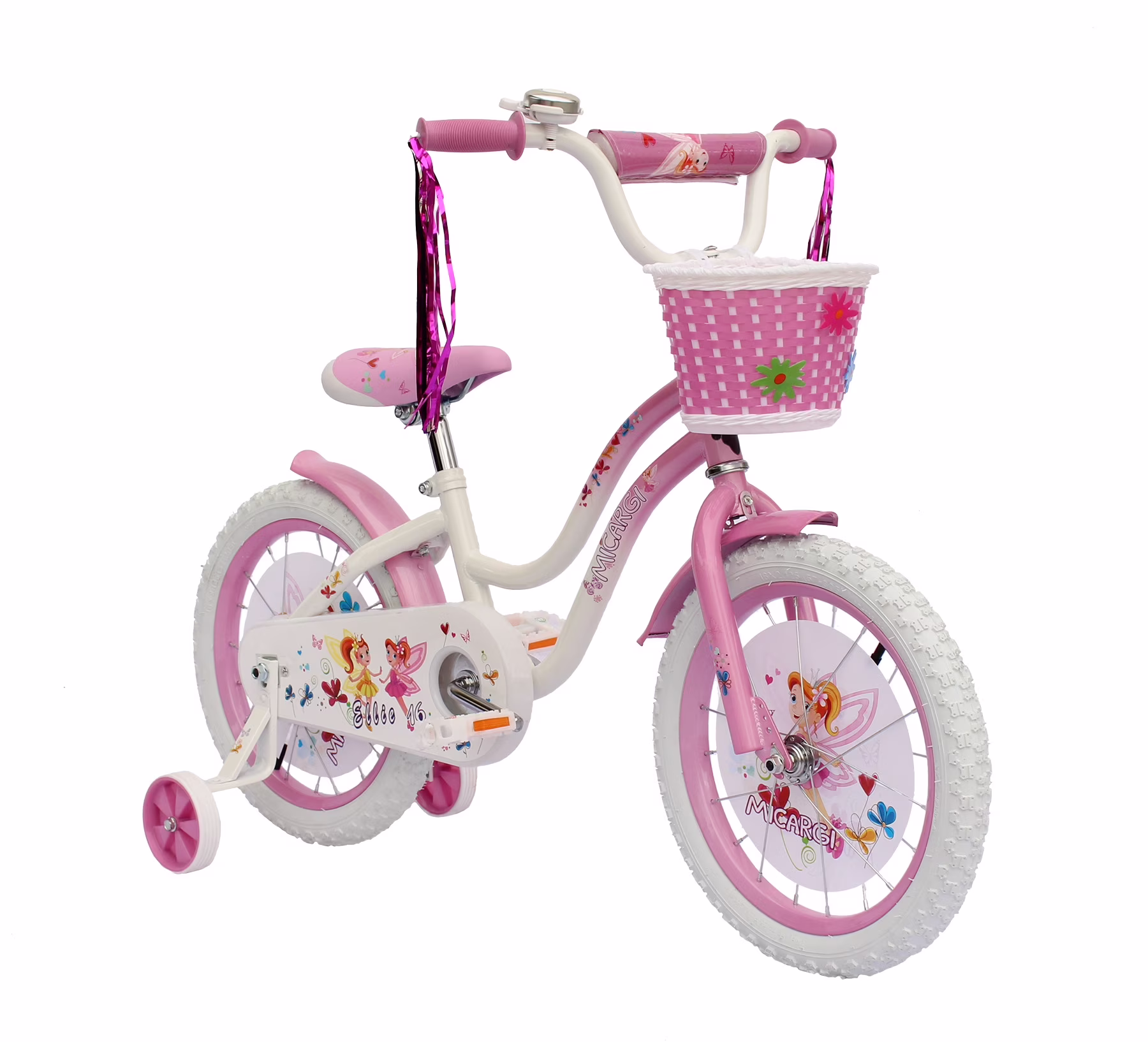 WonderWheels 16" Cruiser Steel Frame Bicycle Coaster Brake One Piece Crank, White Full Cover Chain Guard, Baby Blue Basket, Fenders & Rims, White Tire Kid's Bike - White/Pink