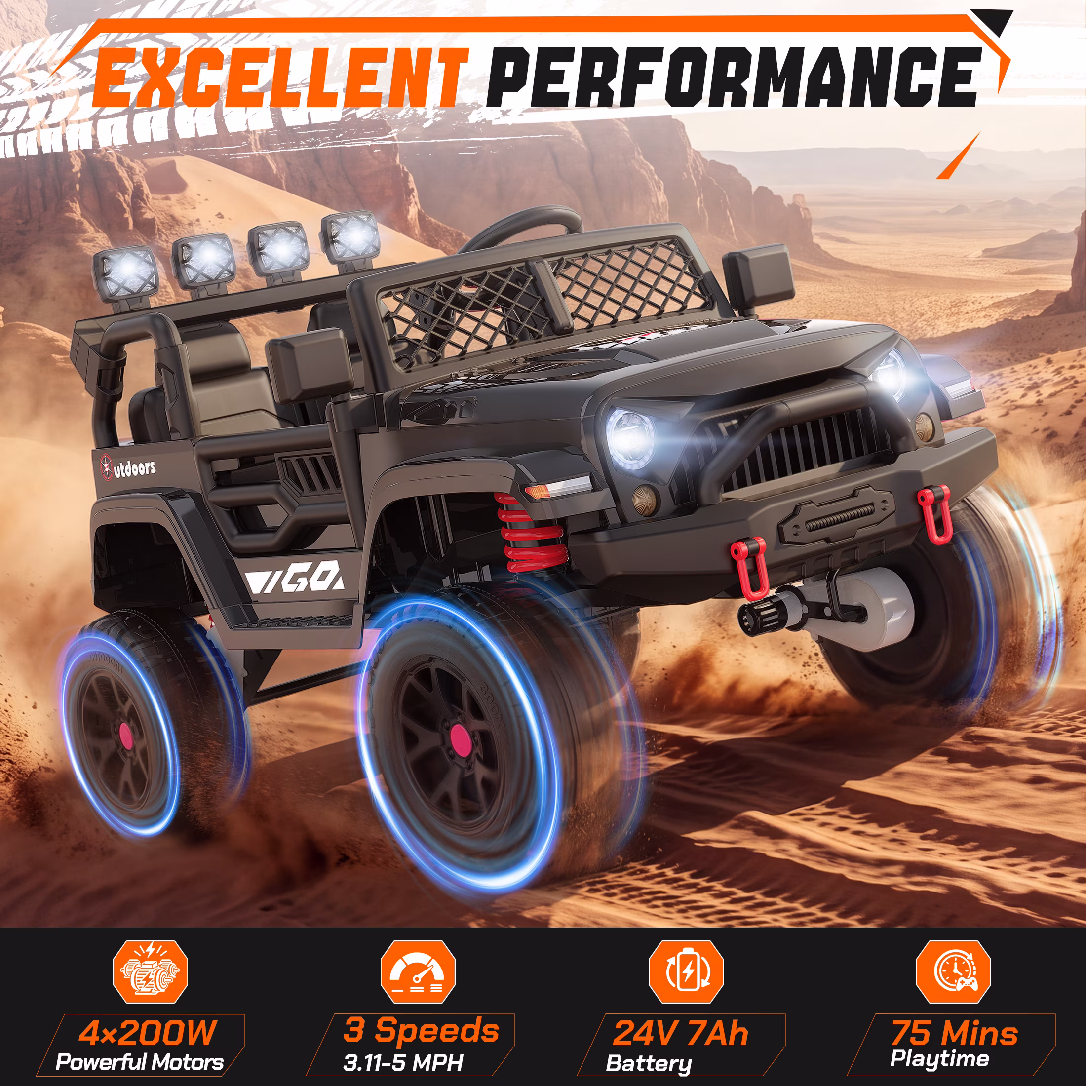 WOWEHICLE 24V Ride on Toys, 4×200W Motor, Kids Power Car Wheels with Remote, 2 Seater Ride on Car for Boys Girls, Electric Car for Kids with Music, LED Lights, 3-8 Years Old, Black - Image 4