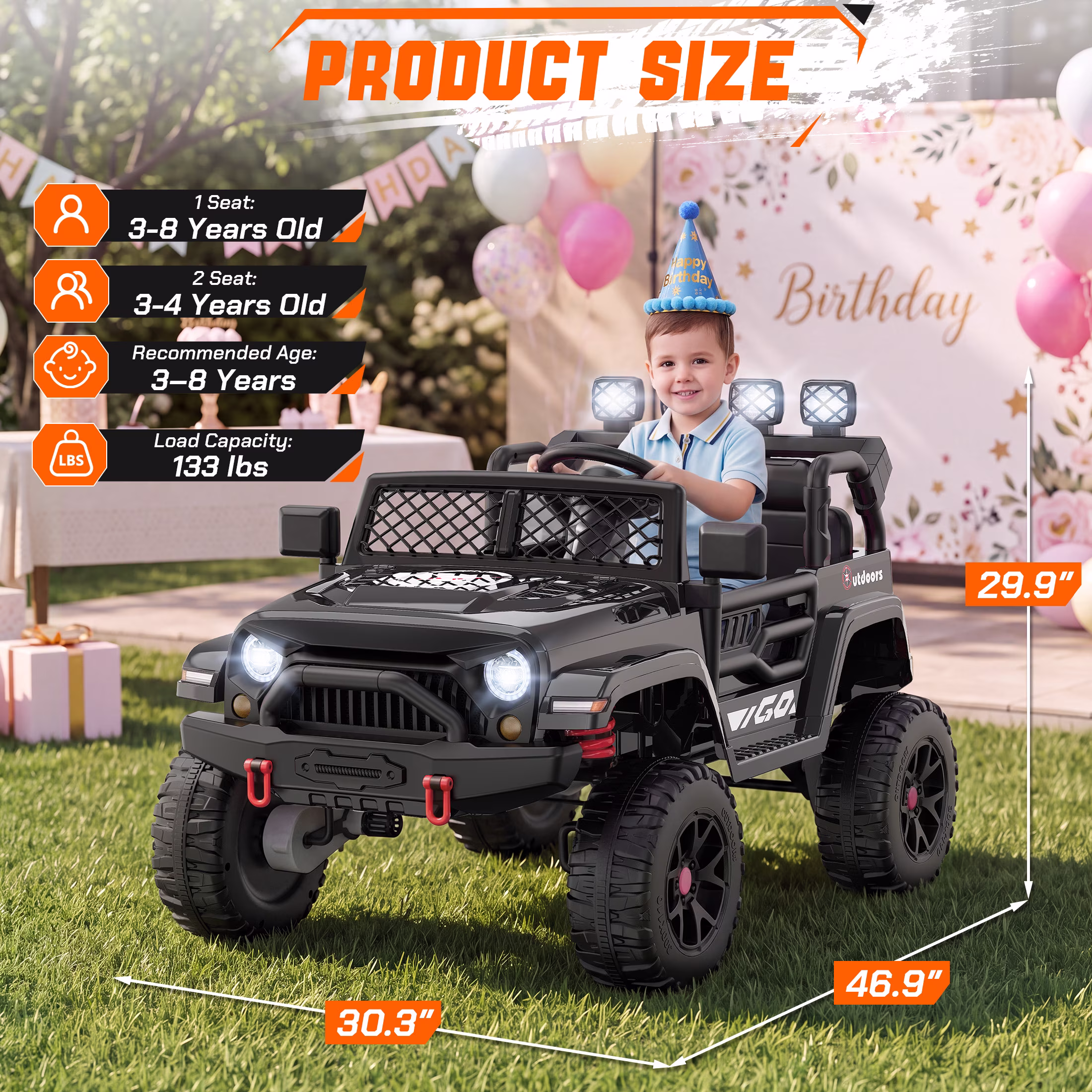 WOWEHICLE 24V Ride on Toys, 4×200W Motor, Kids Power Car Wheels with Remote, 2 Seater Ride on Car for Boys Girls, Electric Car for Kids with Music, LED Lights, 3-8 Years Old, Black - Image 5