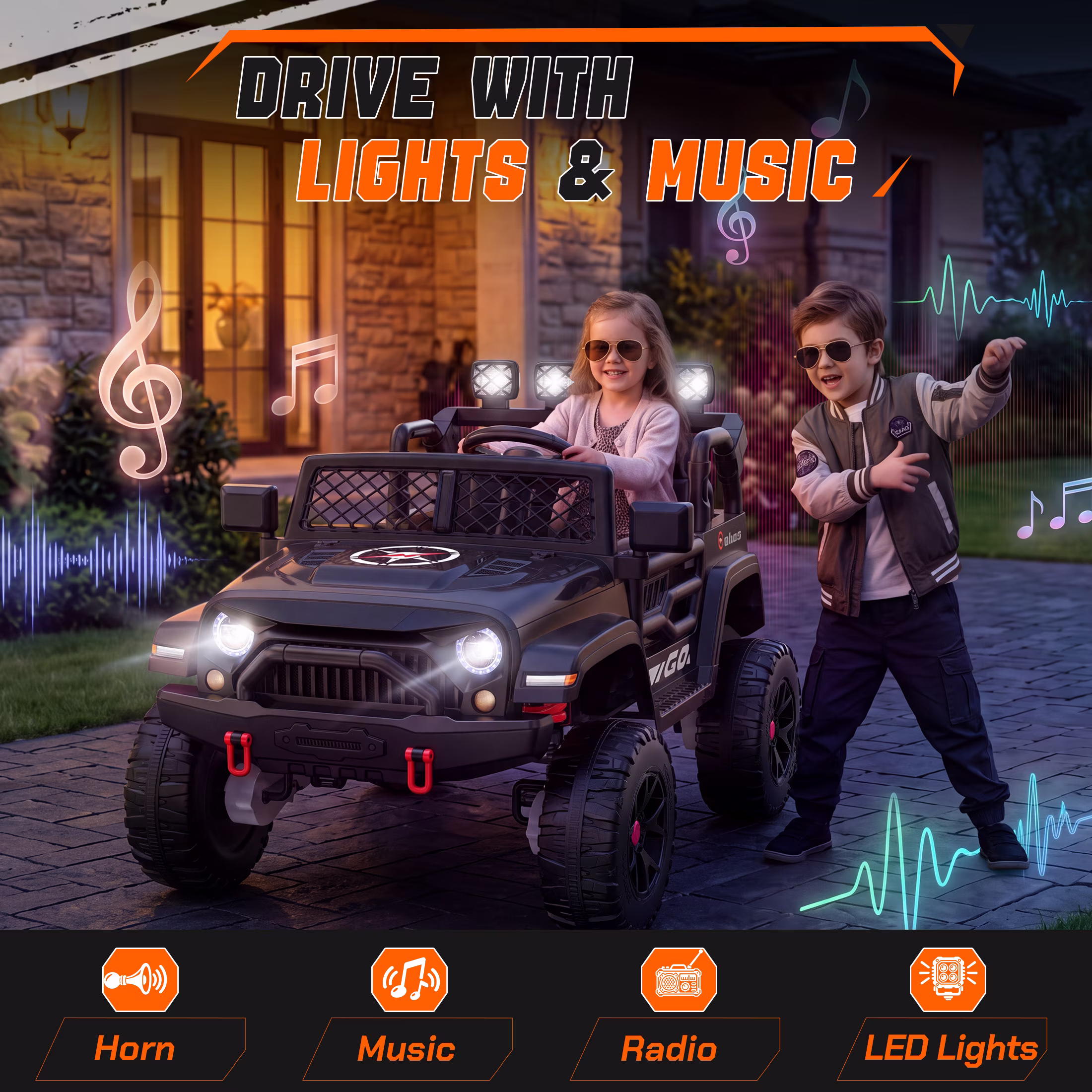 WOWEHICLE 24V Ride on Toys, 4×200W Motor, Kids Power Car Wheels with Remote, 2 Seater Ride on Car for Boys Girls, Electric Car for Kids with Music, LED Lights, 3-8 Years Old, Black - Image 3