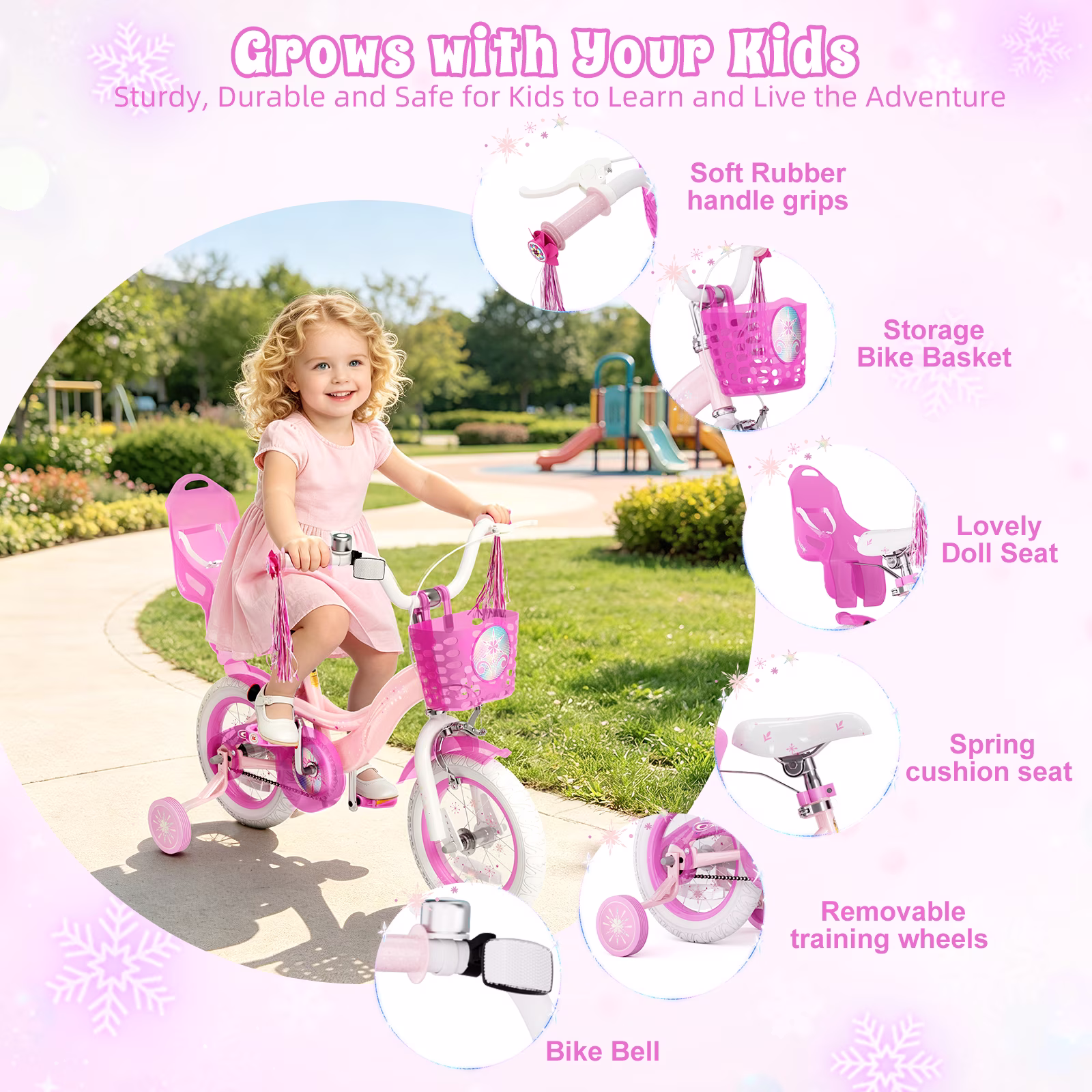 XJD 12 inch Toddler Girls Bike for age 2-4 Years Child Bike With Training Wheels, Kids Bike With Handbrake Basket, Princess Bicycle Pink - Image 3