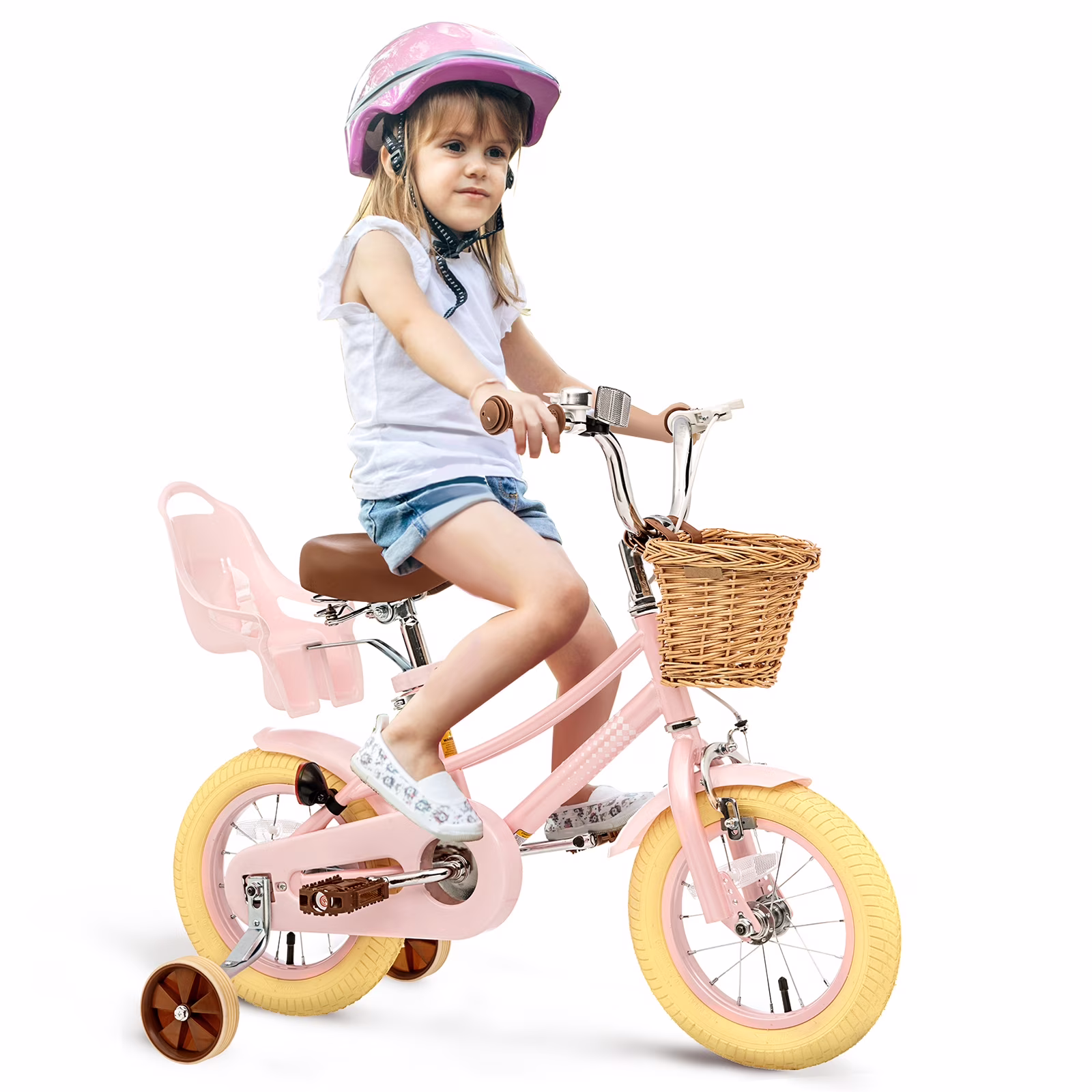 XJD 14 inch Girls Bike for Kids 4-8 Years Old, Children Bike with Training Wheels, Doll Seat, Streamers and Basket, Toddler Girls Bike, Pink - Image 4