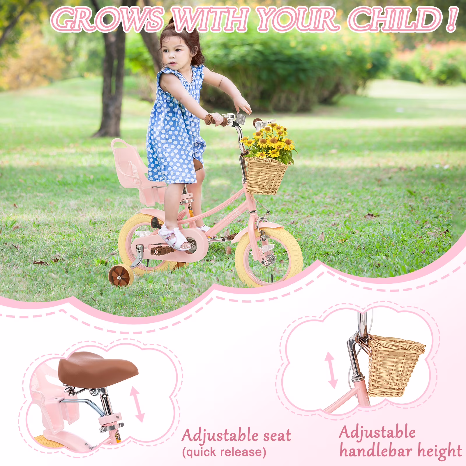 XJD 14 inch Girls Bike for Kids 4-8 Years Old, Children Bike with Training Wheels, Doll Seat, Streamers and Basket, Toddler Girls Bike, Pink - Image 2