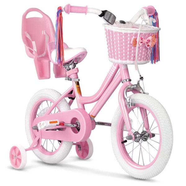 XJD Girls Bike for Toddlers 3-9 Years Old Kids, 14 inch Kids Bike with Training Wheels, Streamers, Basket and Doll Seat, Children Bicycles with Handbrake