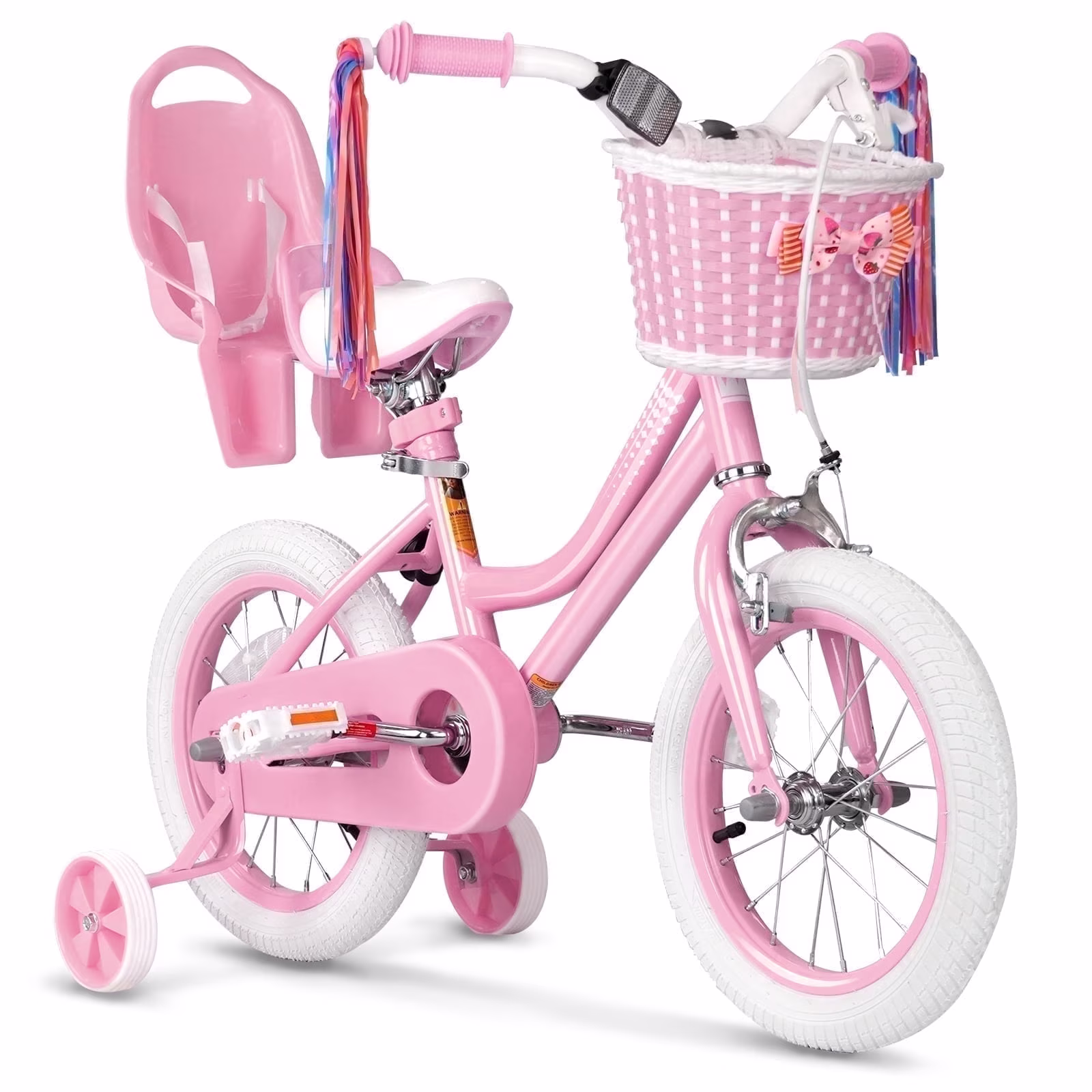XJD Girls Bike for Toddlers 3-9 Years Old Kids, 14 inch Kids Bike with Training Wheels, Streamers, Basket and Doll Seat, Children Bicycles with Handbrake