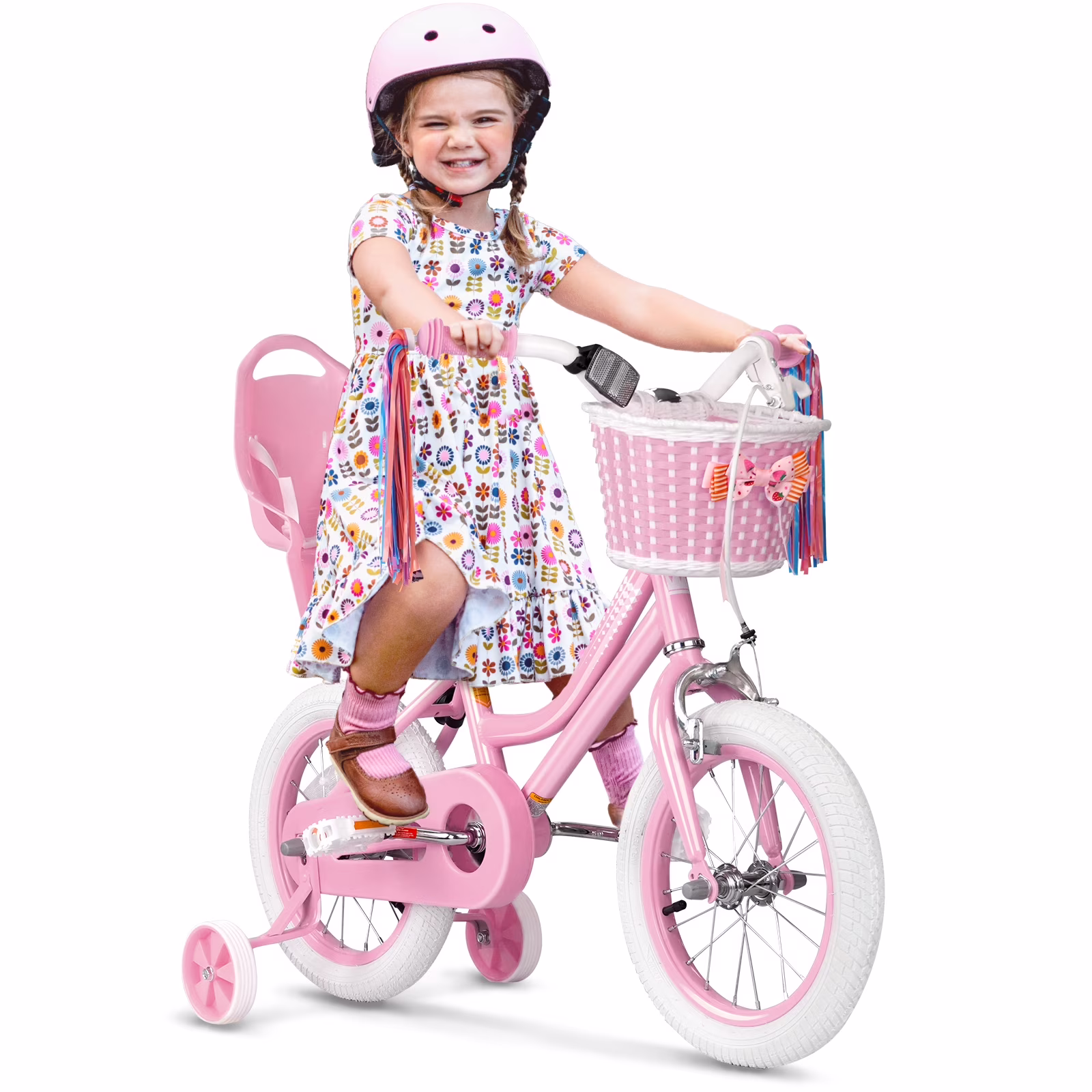 XJD Girls Bike for Toddlers 3-9 Years Old Kids, 14 inch Kids Bike with Training Wheels, Streamers, Basket and Doll Seat, Children Bicycles with Handbrake - Image 3