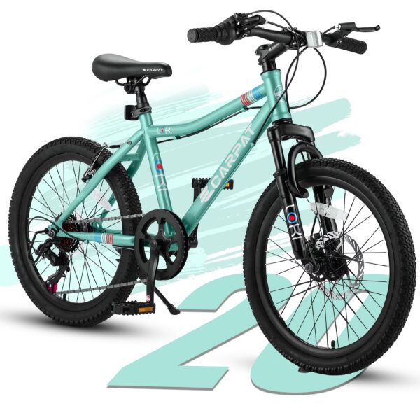 Xlluproid 20" Mountain Bike,7 Speed Teenager Children Kids' Bicycles,Front Suspension Disc Brake Rear V-Brake,High Steel Frame for Outdoor Adventure,Green