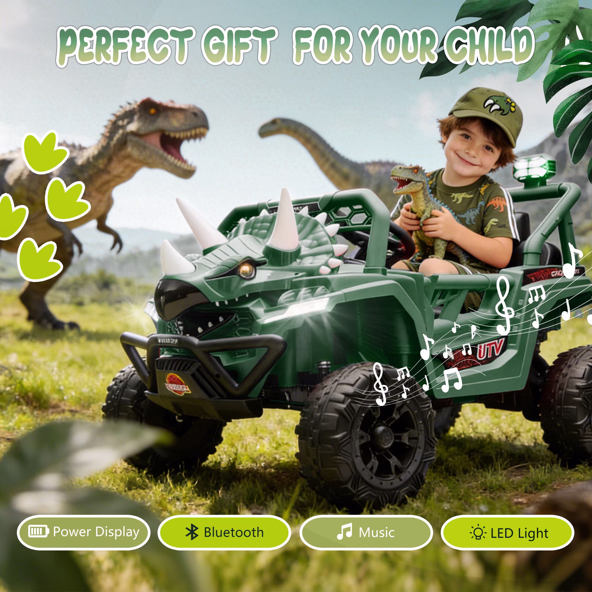 Xuanlur 12V Dinosaur Ride on UTV, Kids Electric Car w/Parent Control, 70W Motors, 3-Horn Dinosaur Design, Rear Light & Flag, Front Bumper, 3 Speed, LED, Bluetooth, Ride on Toys for Boys Girls, Green - Image 5