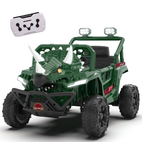 Xuanlur 12V Dinosaur Ride on UTV, Kids Electric Car w/Parent Control, 70W Motors, 3-Horn Dinosaur Design, Rear Light & Flag, Front Bumper, 3 Speed, LED, Bluetooth, Ride on Toys for Boys Girls, Green