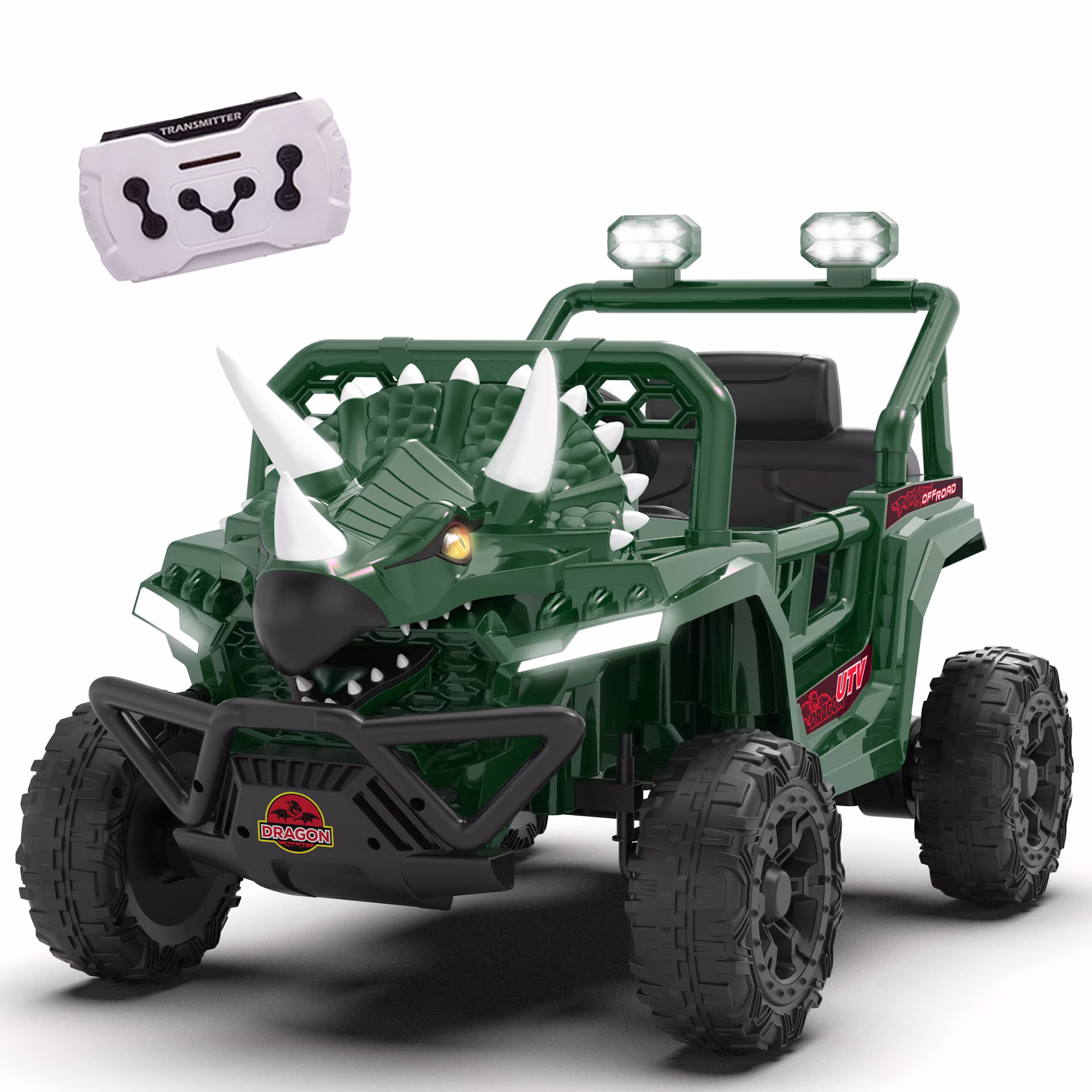 Xuanlur 12V Dinosaur Ride on UTV, Kids Electric Car w/Parent Control, 70W Motors, 3-Horn Dinosaur Design, Rear Light & Flag, Front Bumper, 3 Speed, LED, Bluetooth, Ride on Toys for Boys Girls, Green