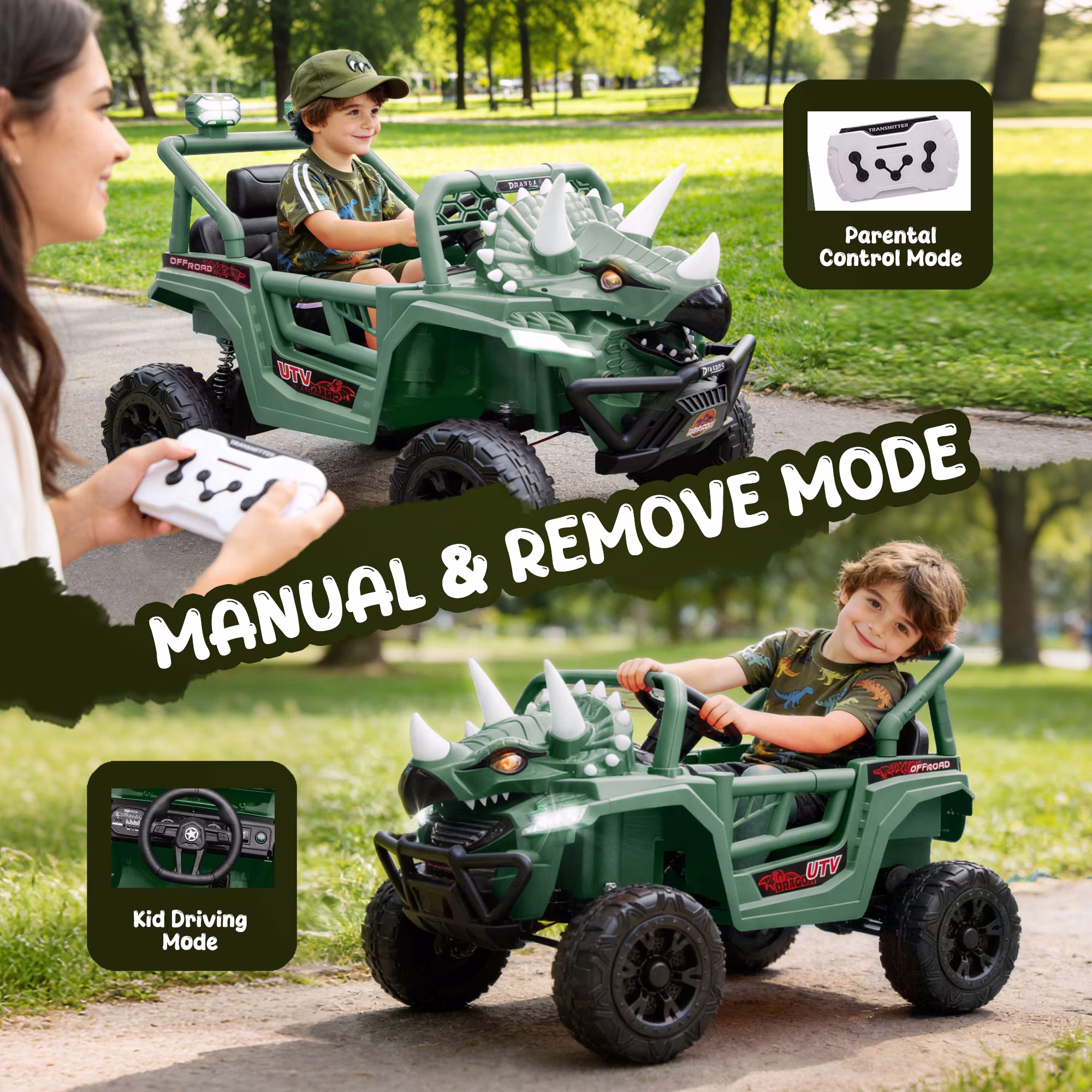 Xuanlur 12V Dinosaur Ride on UTV, Kids Electric Car w/Parent Control, 70W Motors, 3-Horn Dinosaur Design, Rear Light & Flag, Front Bumper, 3 Speed, LED, Bluetooth, Ride on Toys for Boys Girls, Green - Image 3