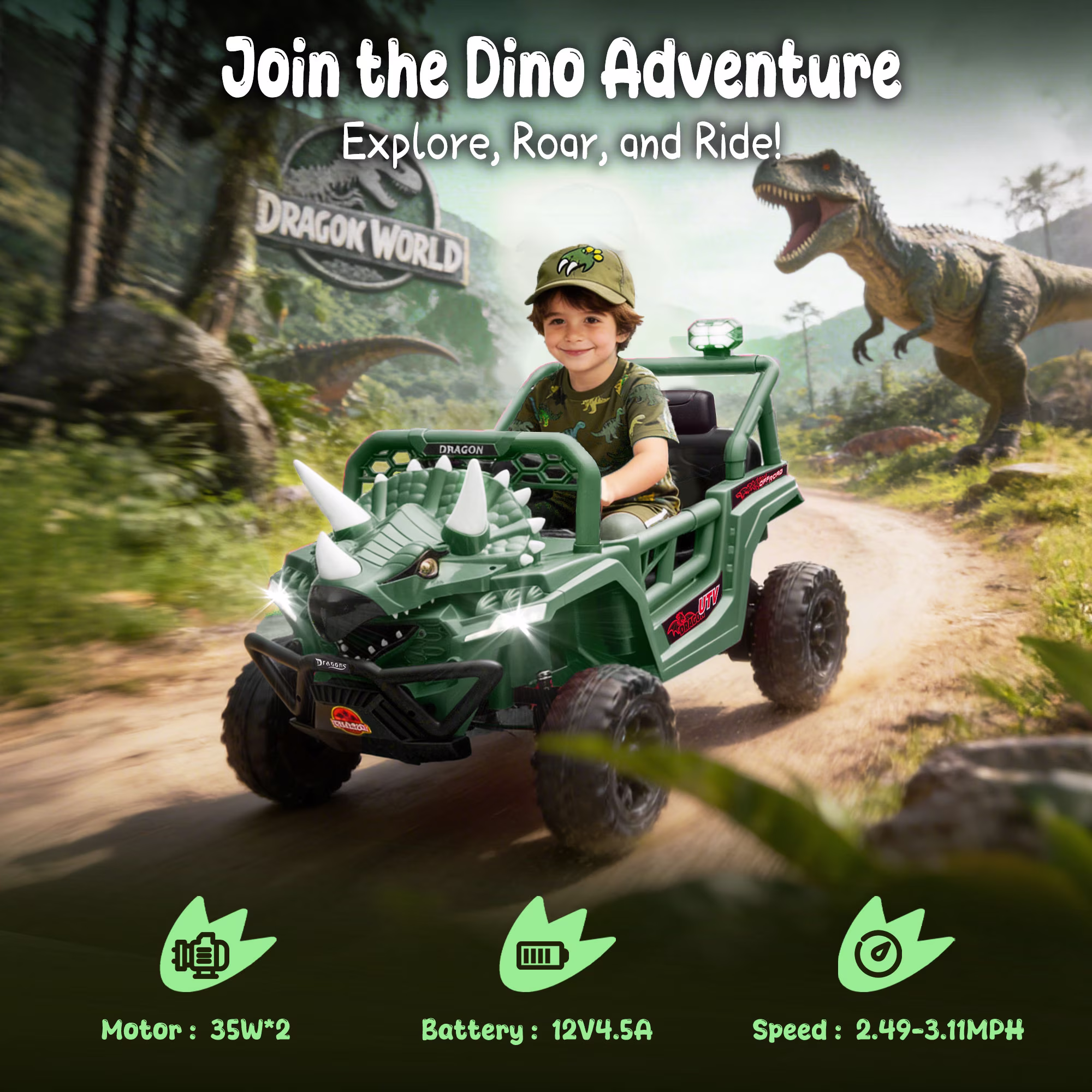 Xuanlur 12V Dinosaur Ride on UTV, Kids Electric Car w/Parent Control, 70W Motors, 3-Horn Dinosaur Design, Rear Light & Flag, Front Bumper, 3 Speed, LED, Bluetooth, Ride on Toys for Boys Girls, Green - Image 2