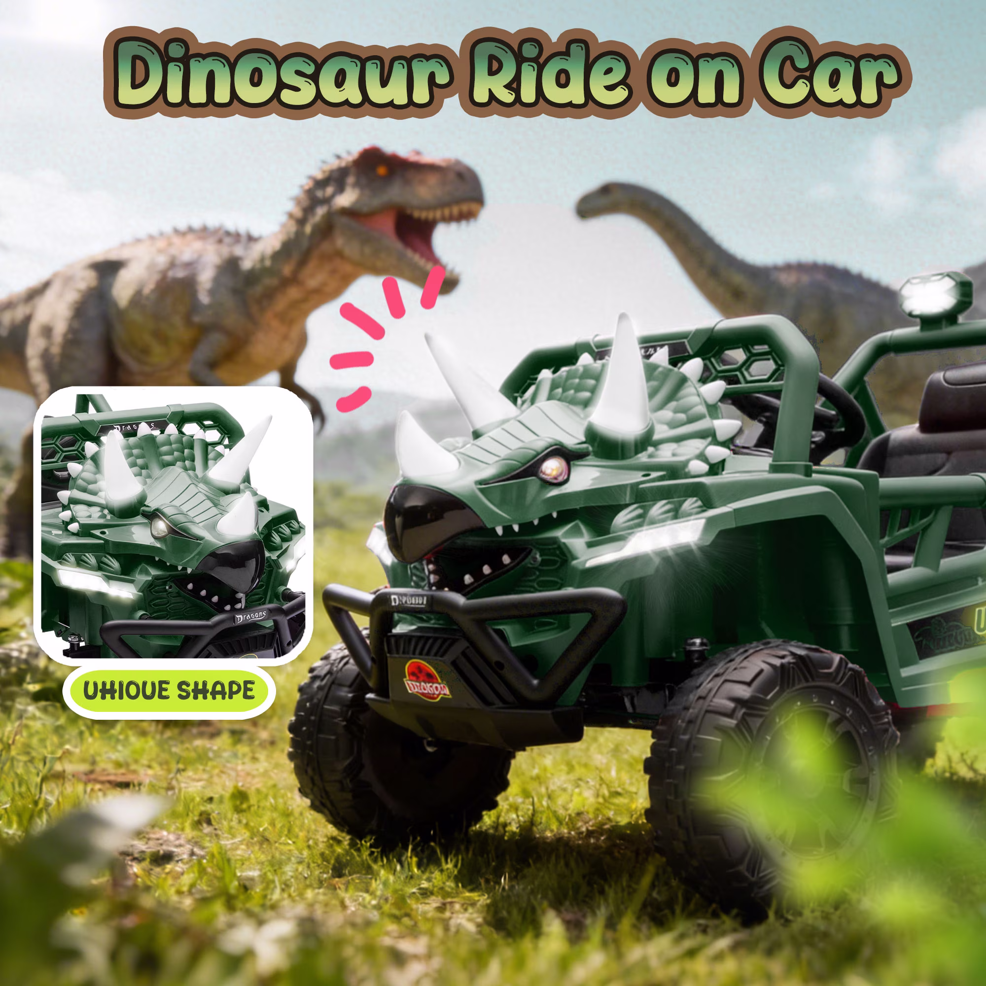 Xuanlur 12V Dinosaur Ride on UTV, Kids Electric Car w/Parent Control, 70W Motors, 3-Horn Dinosaur Design, Rear Light & Flag, Front Bumper, 3 Speed, LED, Bluetooth, Ride on Toys for Boys Girls, Green - Image 4