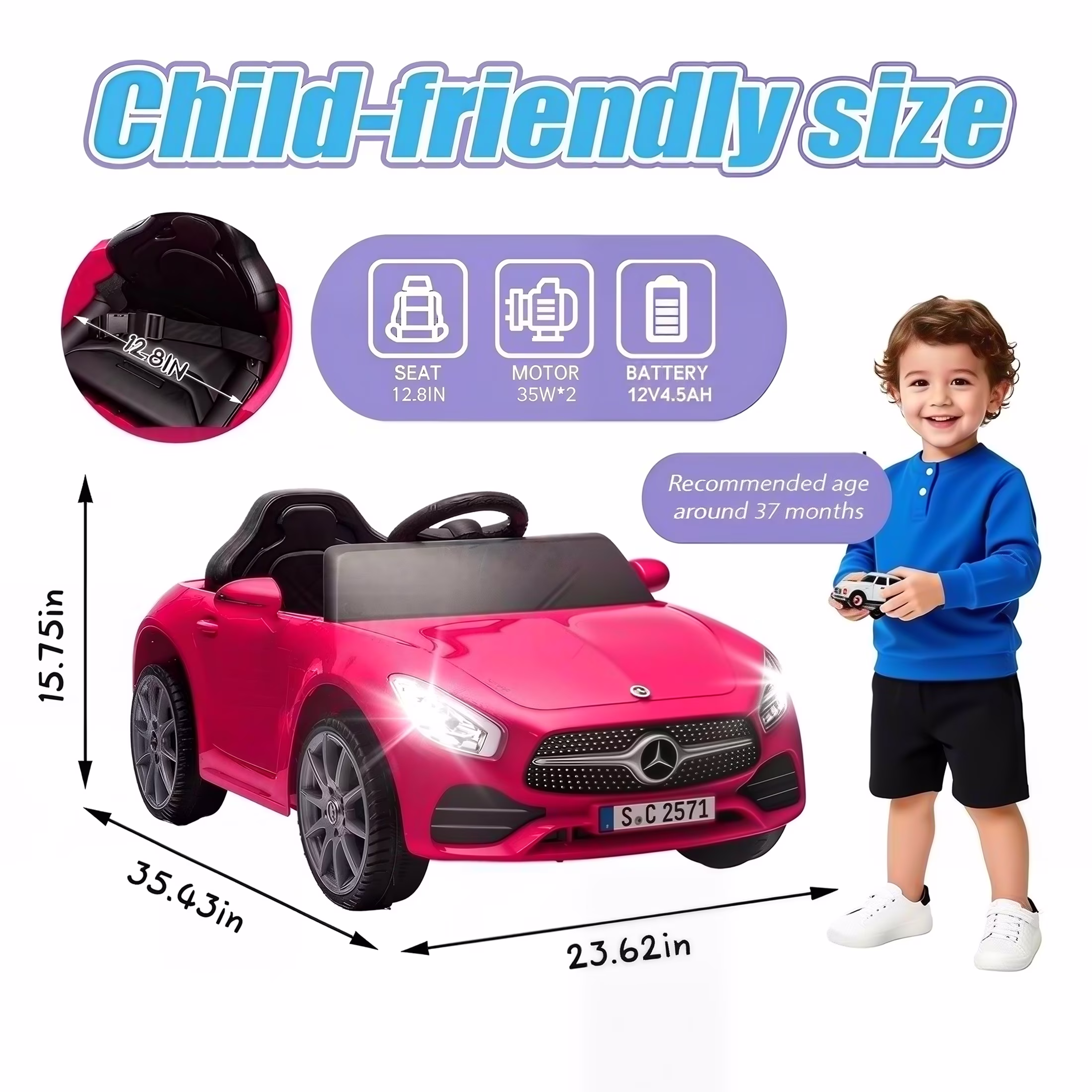 Xuanlur 12V Power Ride on Toys for Toddlers, Licensed Mercedes-Benz Ride on Cars for Kids, Kid Electric Car, Aged 1-4Y, Pink - Image 3