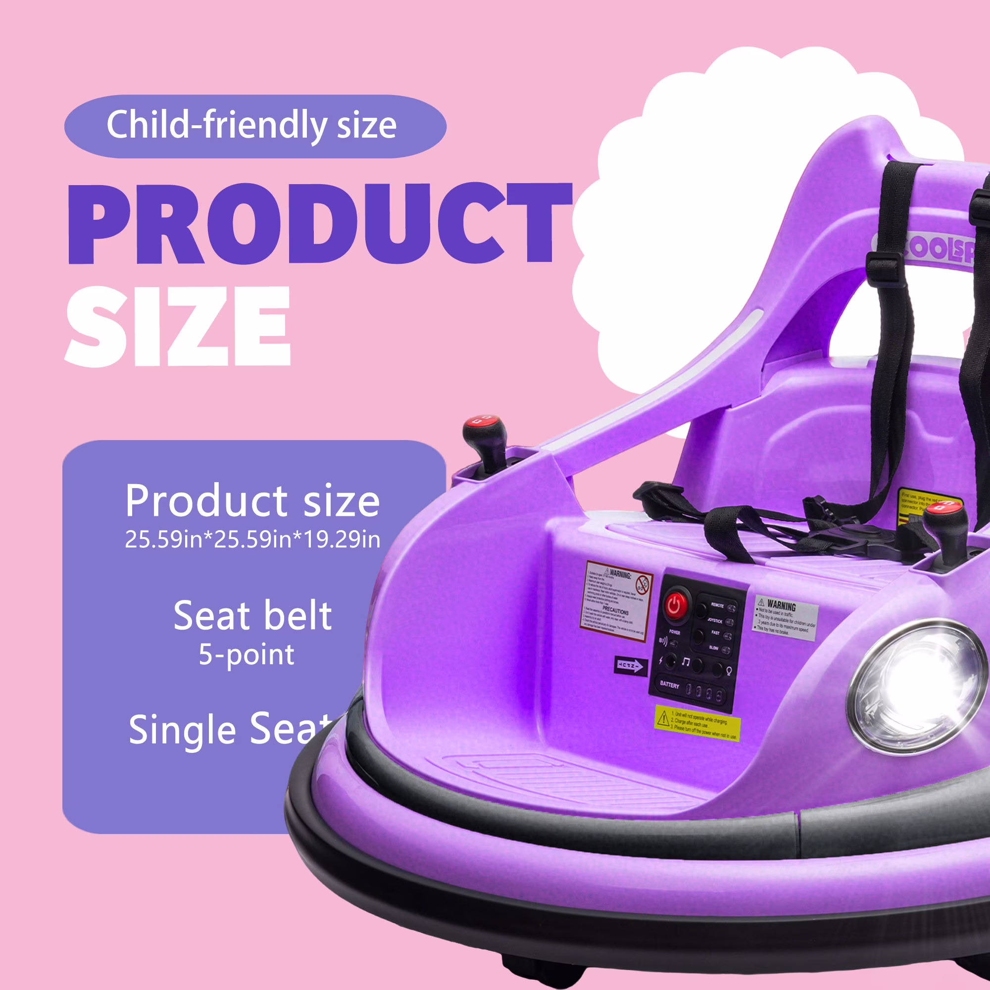 Xuanlur 12V Ride on Bumper Car for Toddlers, Electric Cars for Kids w/Parent Remote, Ride on Toys w/2-Speed, 2 Driving Mode, 360°Spin, Music, Lights, 5-Point Safety Belt, Purple - Image 4