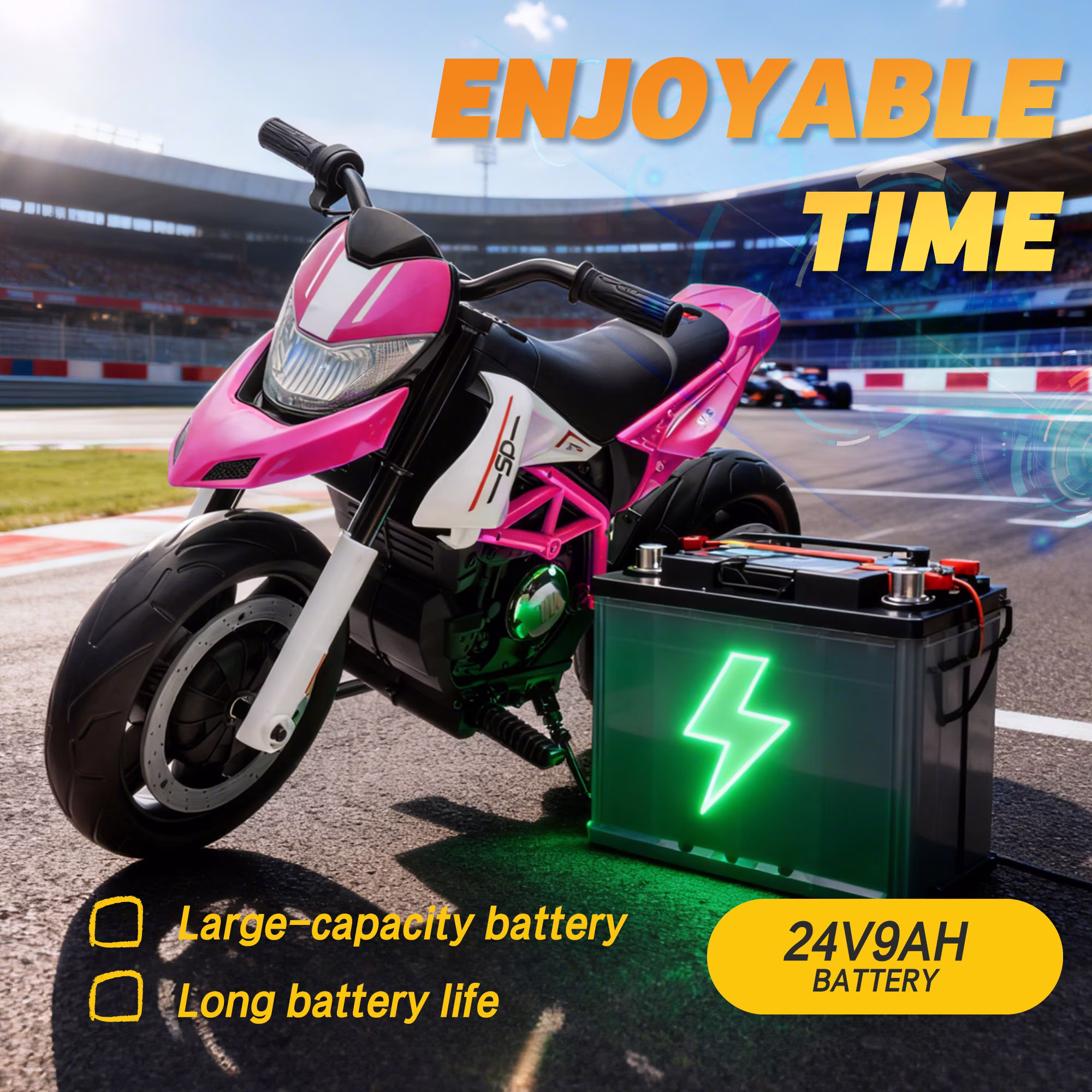 Xuanlur 24V 9AH Electric Motorbike, 9 mph & 110lb Max, 200W Ride on Motorcycle for Big Kids w/EVA Tires, LED Lights & Power Display, 2 Speed, Bluetooth, Music, Electric Motorcycle for Ages 6+, Pink - Image 3