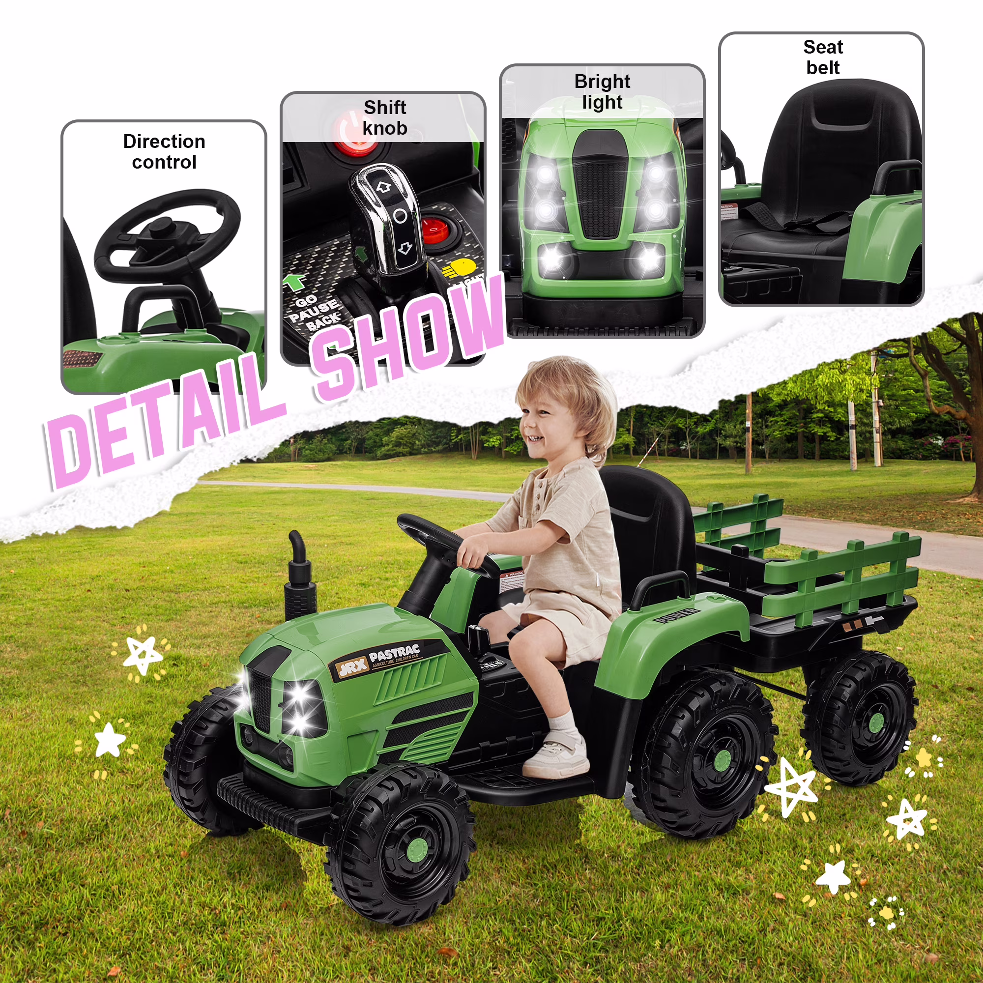 Xuanlur 24V Powered Ride on Tractor, 24 Volt Ride on Toys Car for Kids with Trailer, Max 5Mph, Remote Control, Music Player, Bluetooth, LED Light, 400W Power Car Wheels-Emerald - Image 4