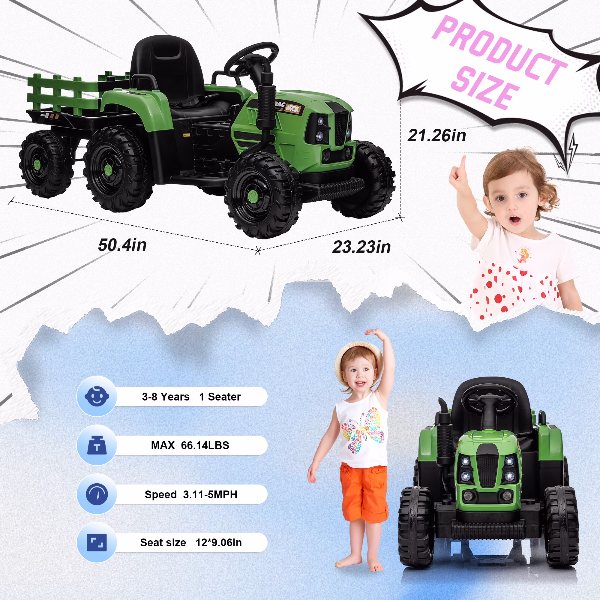 Xuanlur 24V Powered Ride on Tractor, 24 Volt Ride on Toys Car for Kids with Trailer, Max 5Mph, Remote Control, Music Player, Bluetooth, LED Light, 400W Power Car Wheels-Emerald - Image 5