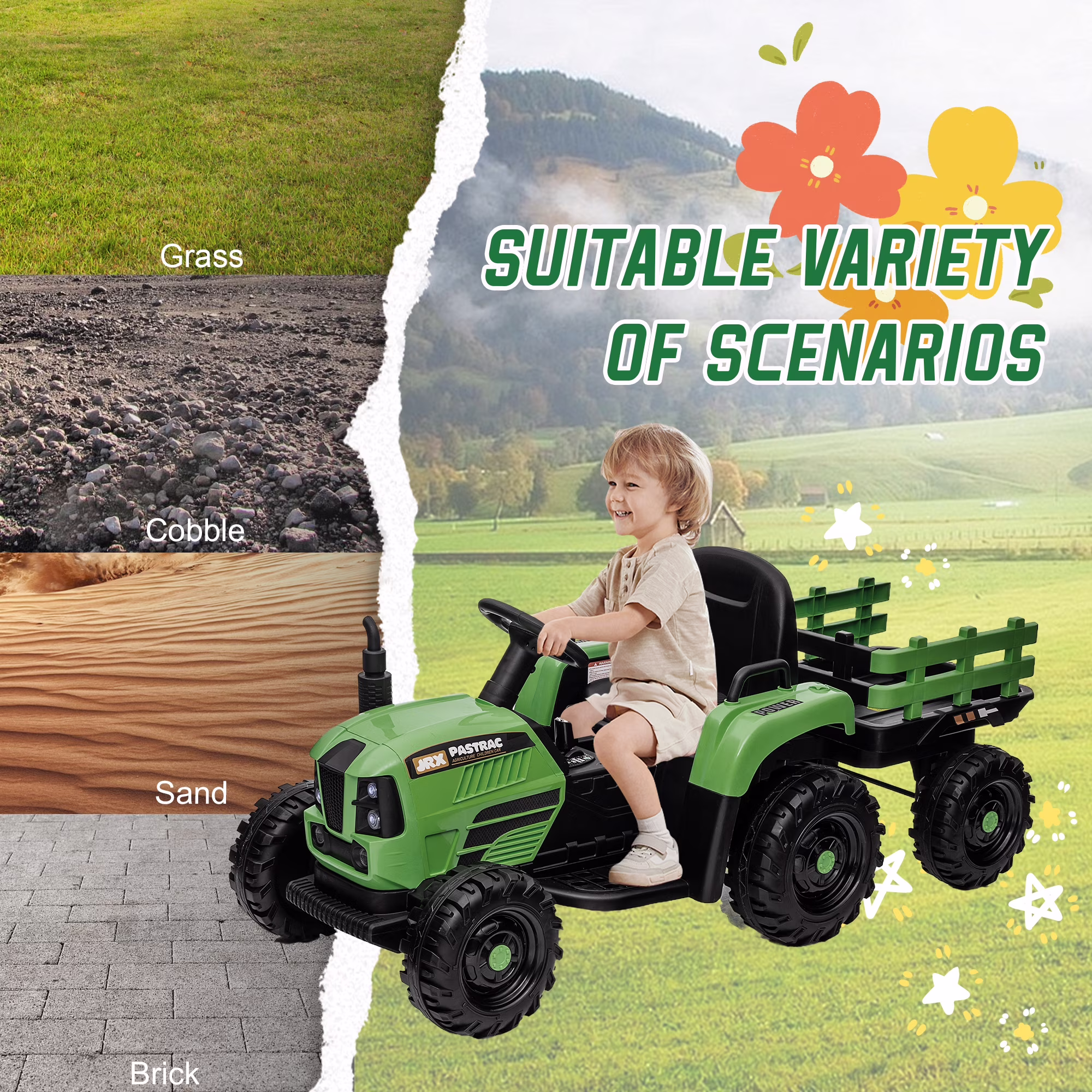 Xuanlur 24V Powered Ride on Tractor, 24 Volt Ride on Toys Car for Kids with Trailer, Max 5Mph, Remote Control, Music Player, Bluetooth, LED Light, 400W Power Car Wheels-Emerald - Image 3