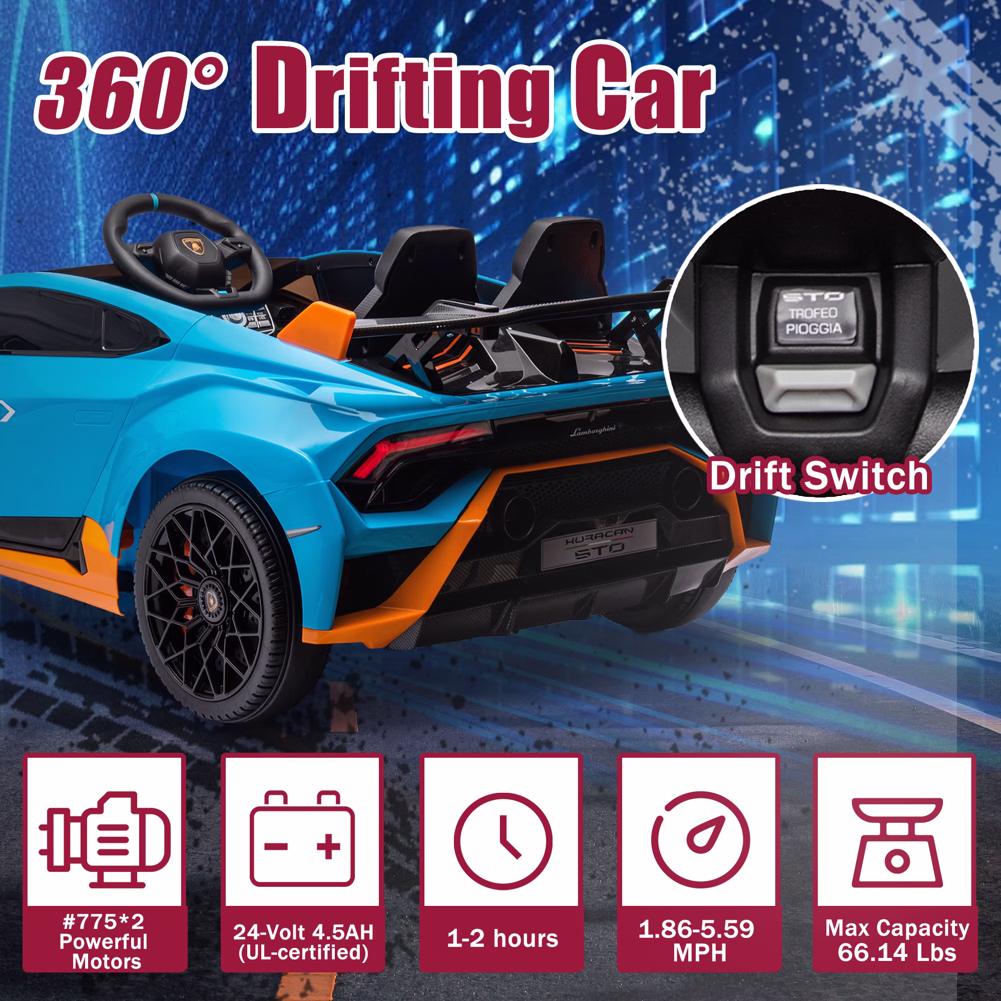 Xuanlur 24V Ride on Toys for Big Kids, Licensed Lamborghini Ride on Car with Front EVA Wheel, 24V Battery Powered Toy with Remote Control, 360° Spin, LED Lights, Music, Drift Feature, Blue - Image 4