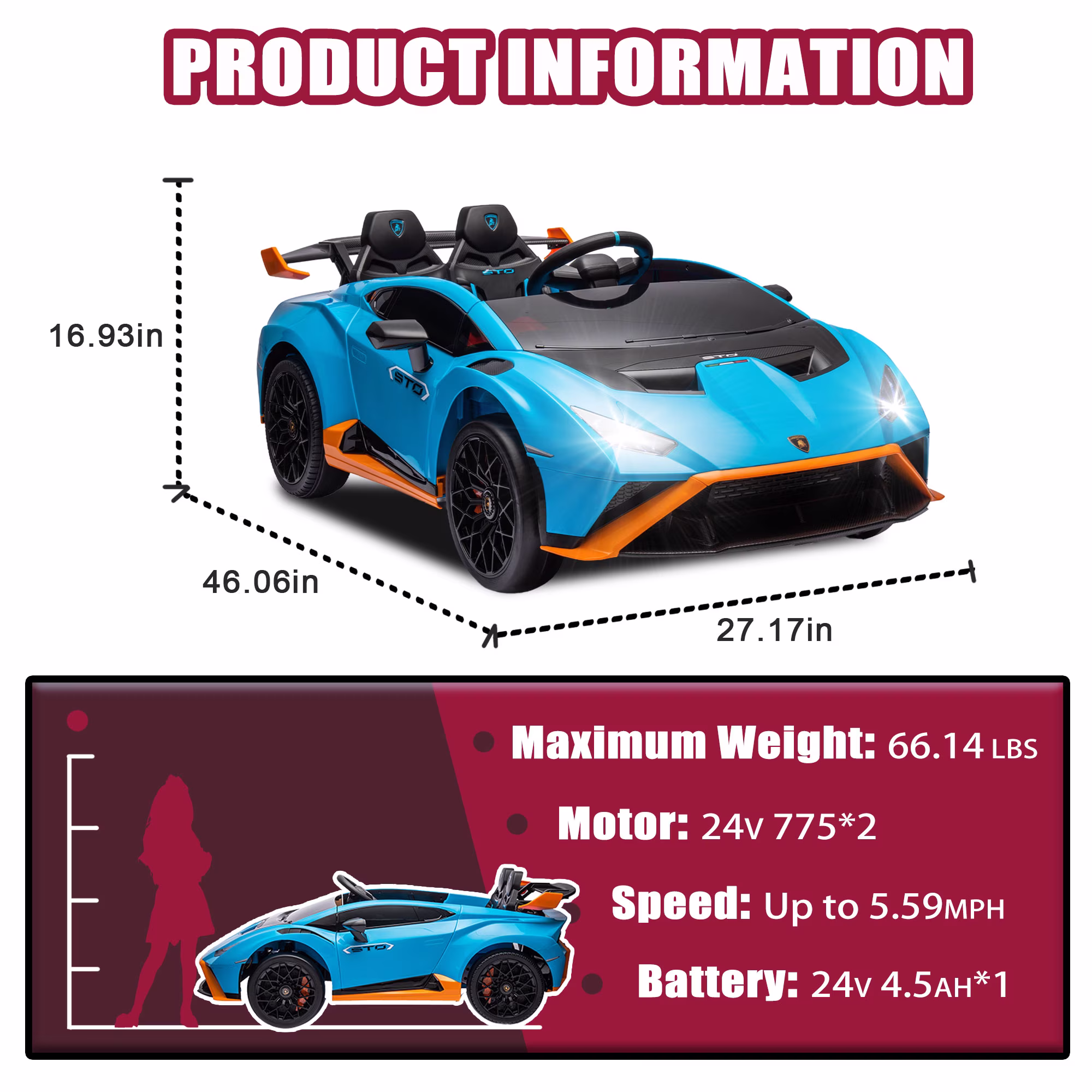 Xuanlur 24V Ride on Toys for Big Kids, Licensed Lamborghini Ride on Car with Front EVA Wheel, 24V Battery Powered Toy with Remote Control, 360° Spin, LED Lights, Music, Drift Feature, Blue - Image 3