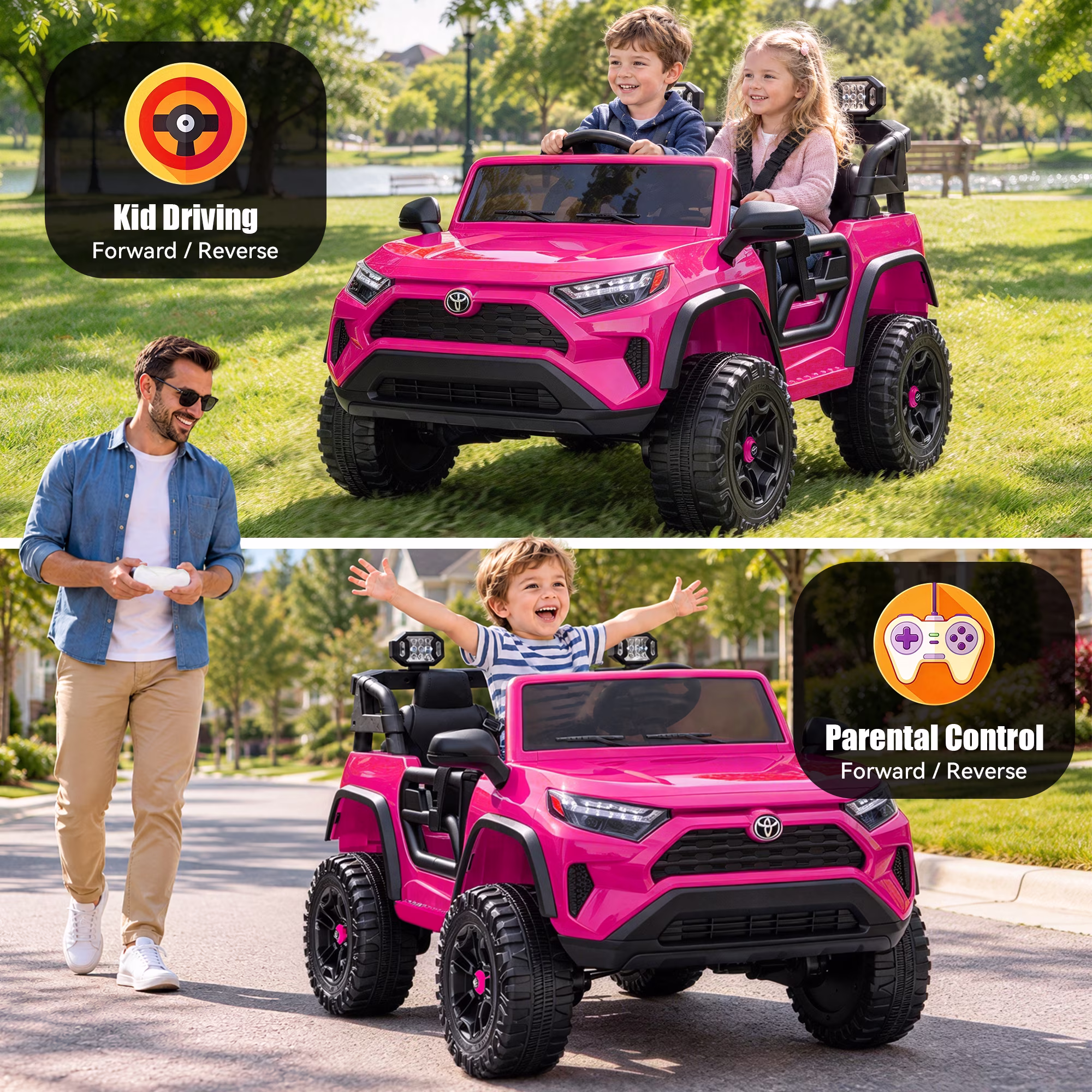Xuanlur 24V Ride on Toys for Big Kids, Licensed Toyota 2 Seater Ride on Car w/Remote Control, 800W, 4WD, LED Lights, Four-Wheel Suspension, Music, Bluetooth, Electric Car For Kids 3-6, Pink - Image 4