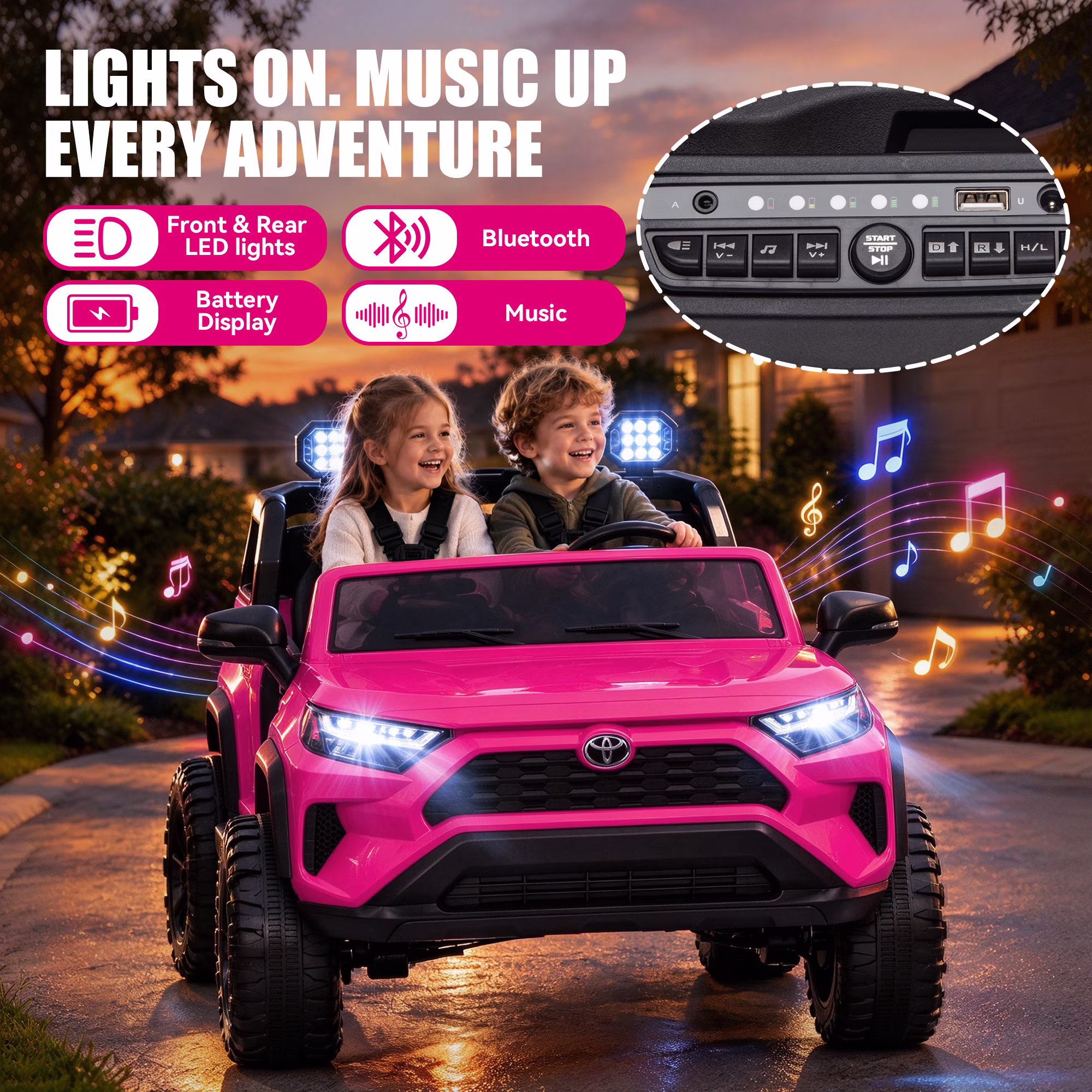 Xuanlur 24V Ride on Toys for Big Kids, Licensed Toyota 2 Seater Ride on Car w/Remote Control, 800W, 4WD, LED Lights, Four-Wheel Suspension, Music, Bluetooth, Electric Car For Kids 3-6, Pink - Image 3