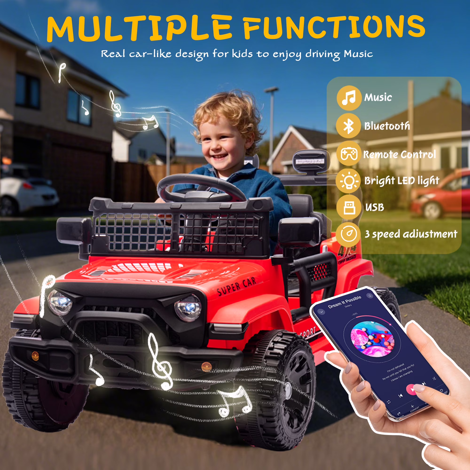 Xuanlur 24V Ride on Truck Car w/Parent Remote Control, Ride on Toys w/4-Wheel Suspension, Power Display, Bluetooth, Music, LED Headlight, Electric Car for Kids Aged 3+, Red - Image 3