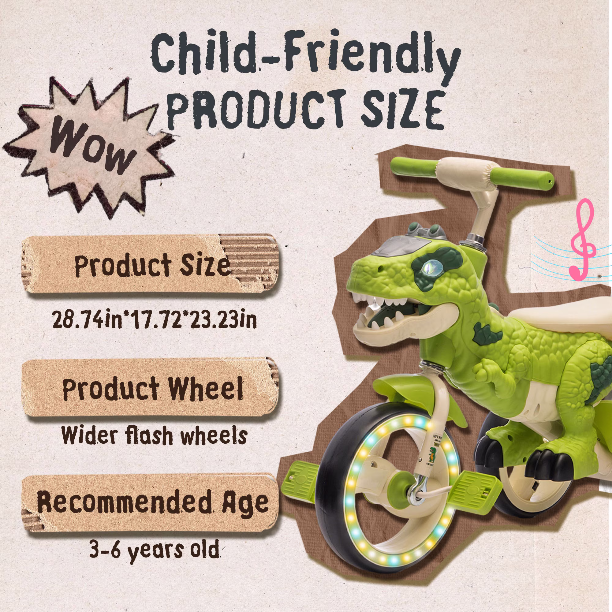 Xuanlur Kids Ride on Dinosaur Tricycle, Toddlers Kid Trike with EVA Wide Flash Wheels, Anti-Slip Pedals, Rear Basket, Music & LED Lights, Toddler Bike Toys Gift for 3-6 Year Old Boys & Girls (Green) - Image 4