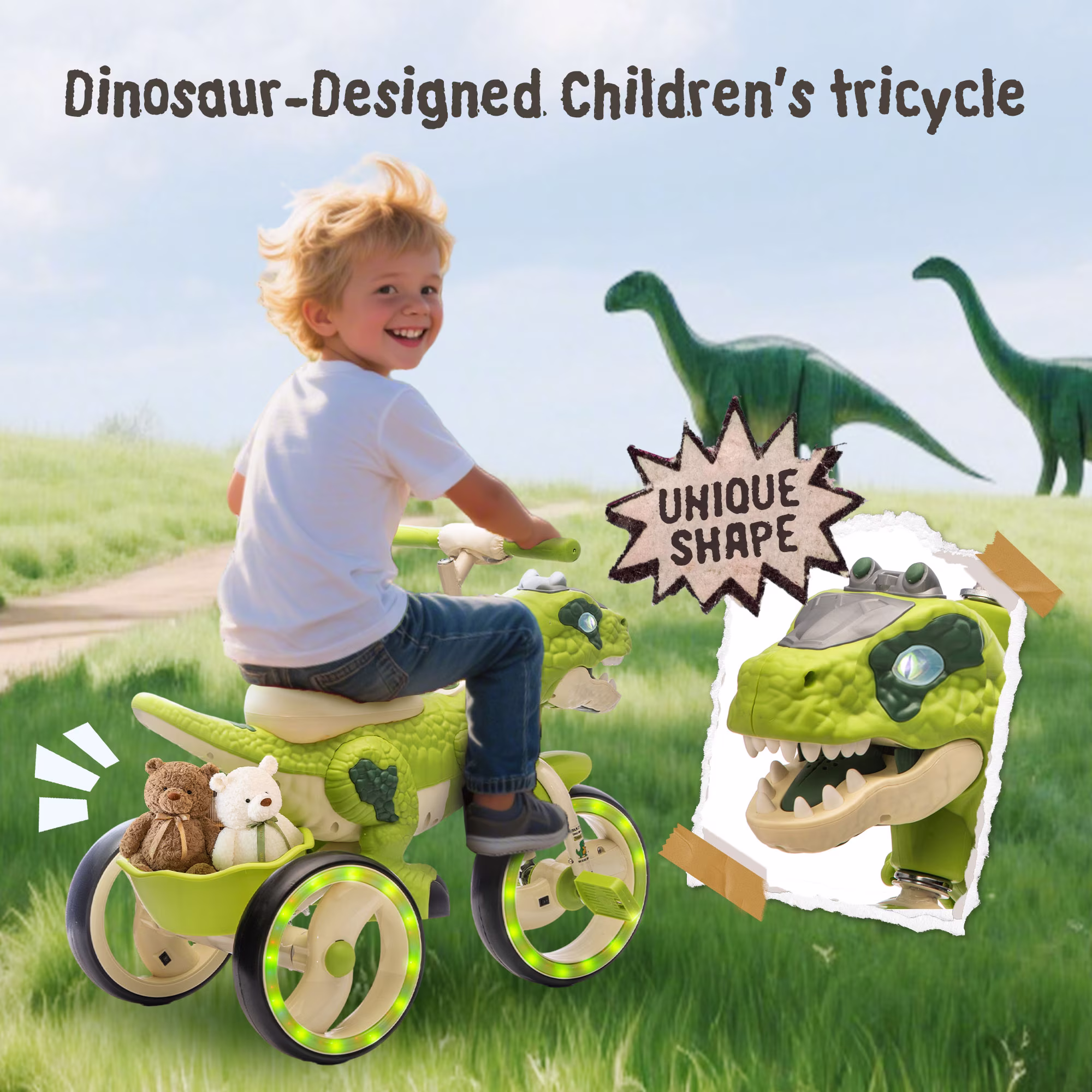 Xuanlur Kids Ride on Dinosaur Tricycle, Toddlers Kid Trike with EVA Wide Flash Wheels, Anti-Slip Pedals, Rear Basket, Music & LED Lights, Toddler Bike Toys Gift for 3-6 Year Old Boys & Girls (Green) - Image 2