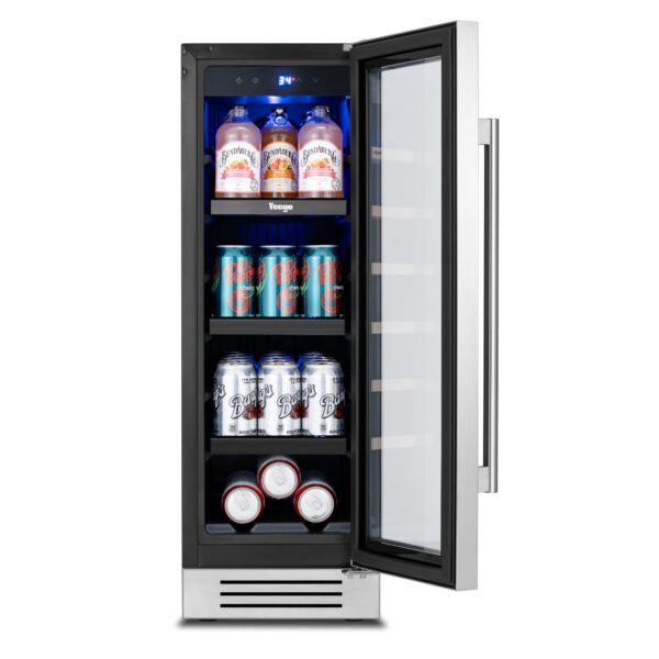 Yeego 12 Inch Beverage Refrigerator, 60‑Can Compact Beverage Cooler with Glass Door, Under Counter Drink Fridge, Built‑in or Freestanding for Kitchen, Bar or Office