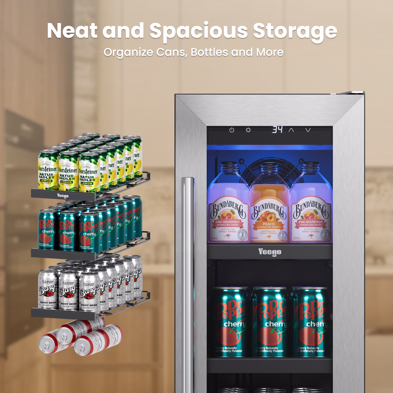 Yeego 12 Inch Beverage Refrigerator, 60‑Can Compact Beverage Cooler with Glass Door, Under Counter Drink Fridge, Built‑in or Freestanding for Kitchen, Bar or Office - Image 3