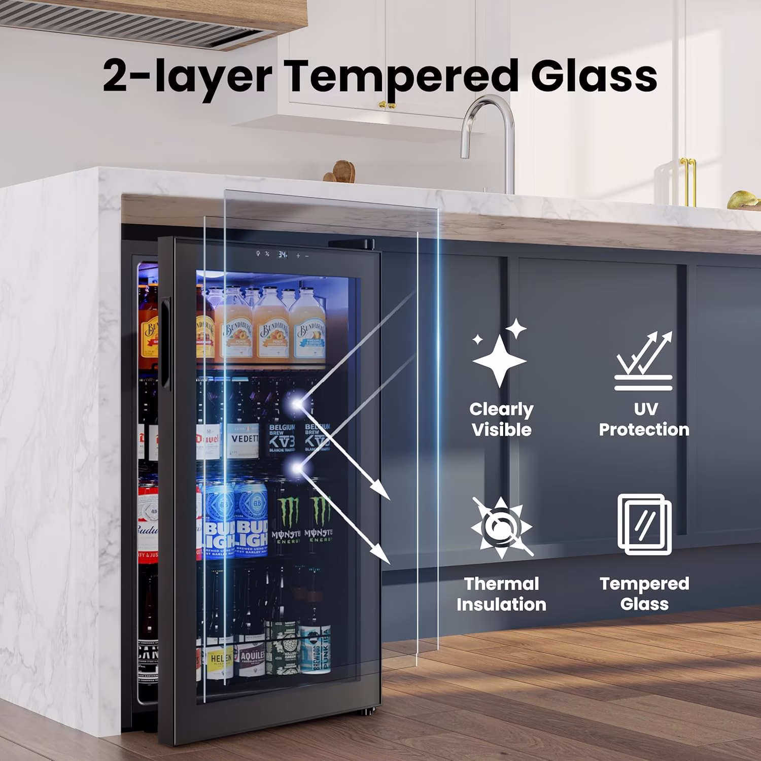 Yeego 136 Can Beverage Refrigerator Cooler, 3.4 cu.ft. Beverage Fridge with Glass Door for Home/Bar/Office, Black - Image 3