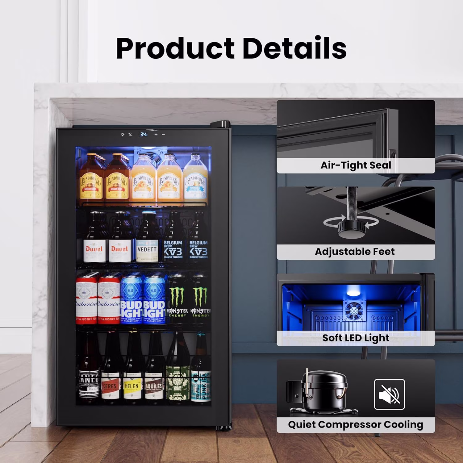 Yeego 136 Can Beverage Refrigerator Cooler, 3.4 cu.ft. Beverage Fridge with Glass Door for Home/Bar/Office, Black - Image 2