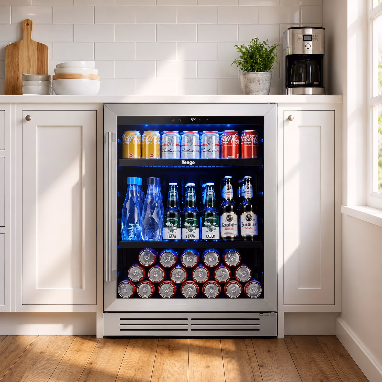 Yeego 24 Inch Beverage Refrigerator, 180 Cans Drink Fridge, Built‑in Freestanding Under Counter Beverage Cooler with Glass Door, 34‑54°F for Beer Soda Wine