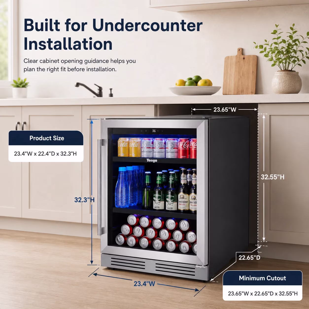 Yeego 24 Inch Beverage Refrigerator, 180 Cans Drink Fridge, Built‑in Freestanding Under Counter Beverage Cooler with Glass Door, 34‑54°F for Beer Soda Wine - Image 5