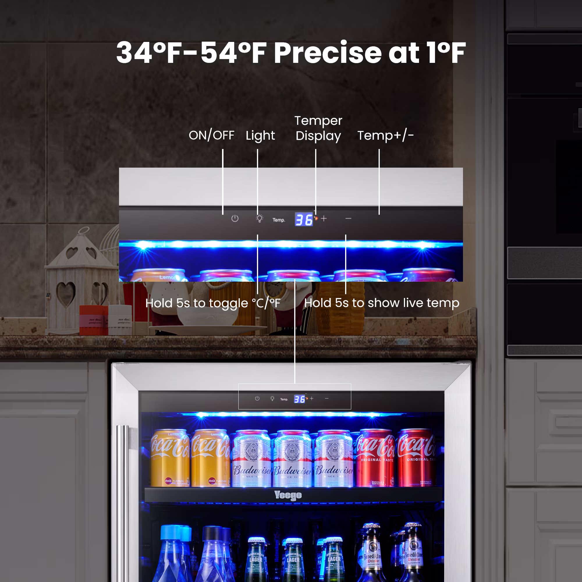 Yeego 24 Inch Beverage Refrigerator, 180 Cans Drink Fridge, Built‑in Freestanding Under Counter Beverage Cooler with Glass Door, 34‑54°F for Beer Soda Wine - Image 2